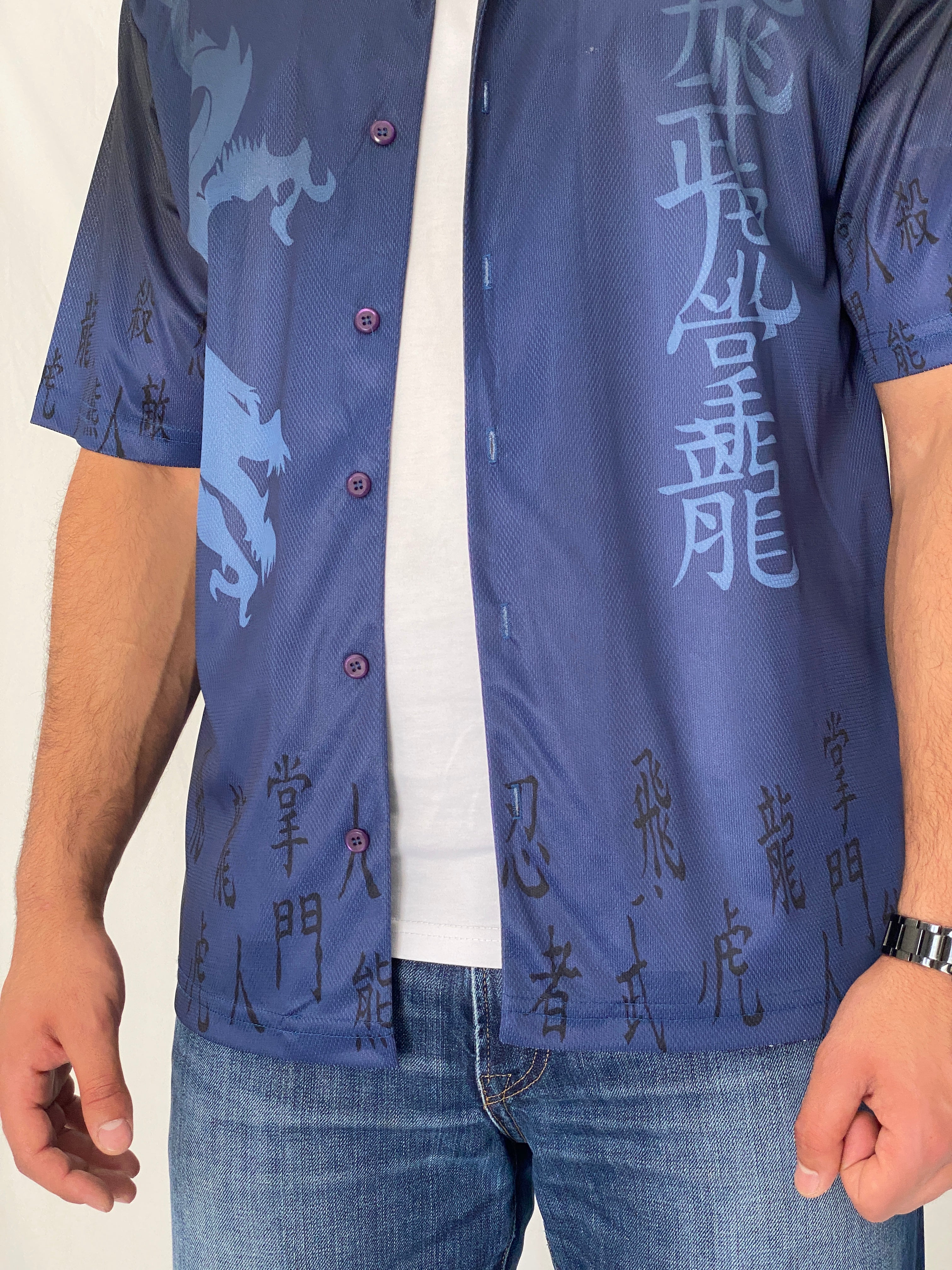 Vintage U Utility Blue Dragon Mesh Y2K Asian Graphic Shirt – M
