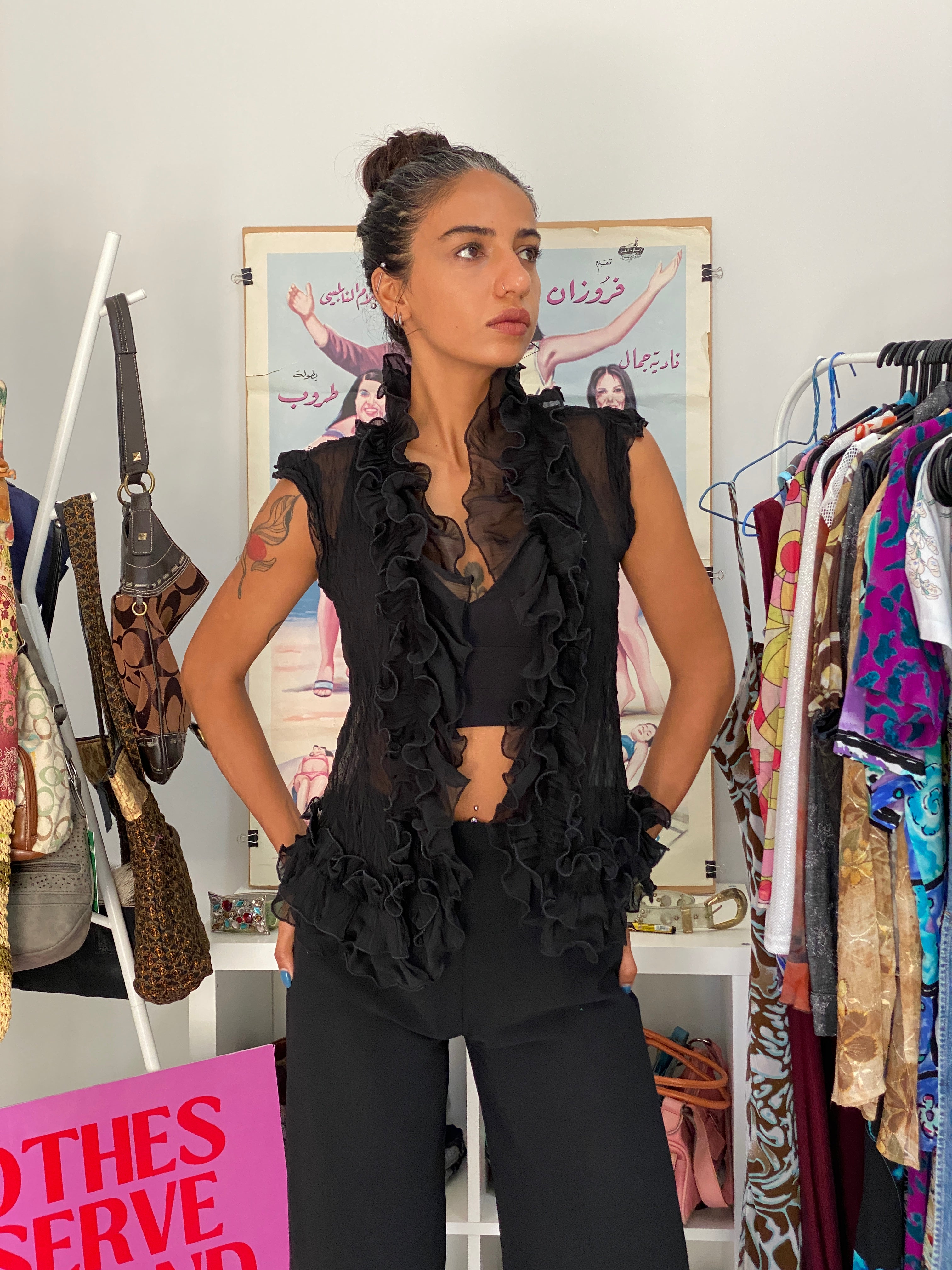 Y2K Emilie Black Sheer Sleeveless Ruffle Cardigan Chiffon Overlay – S