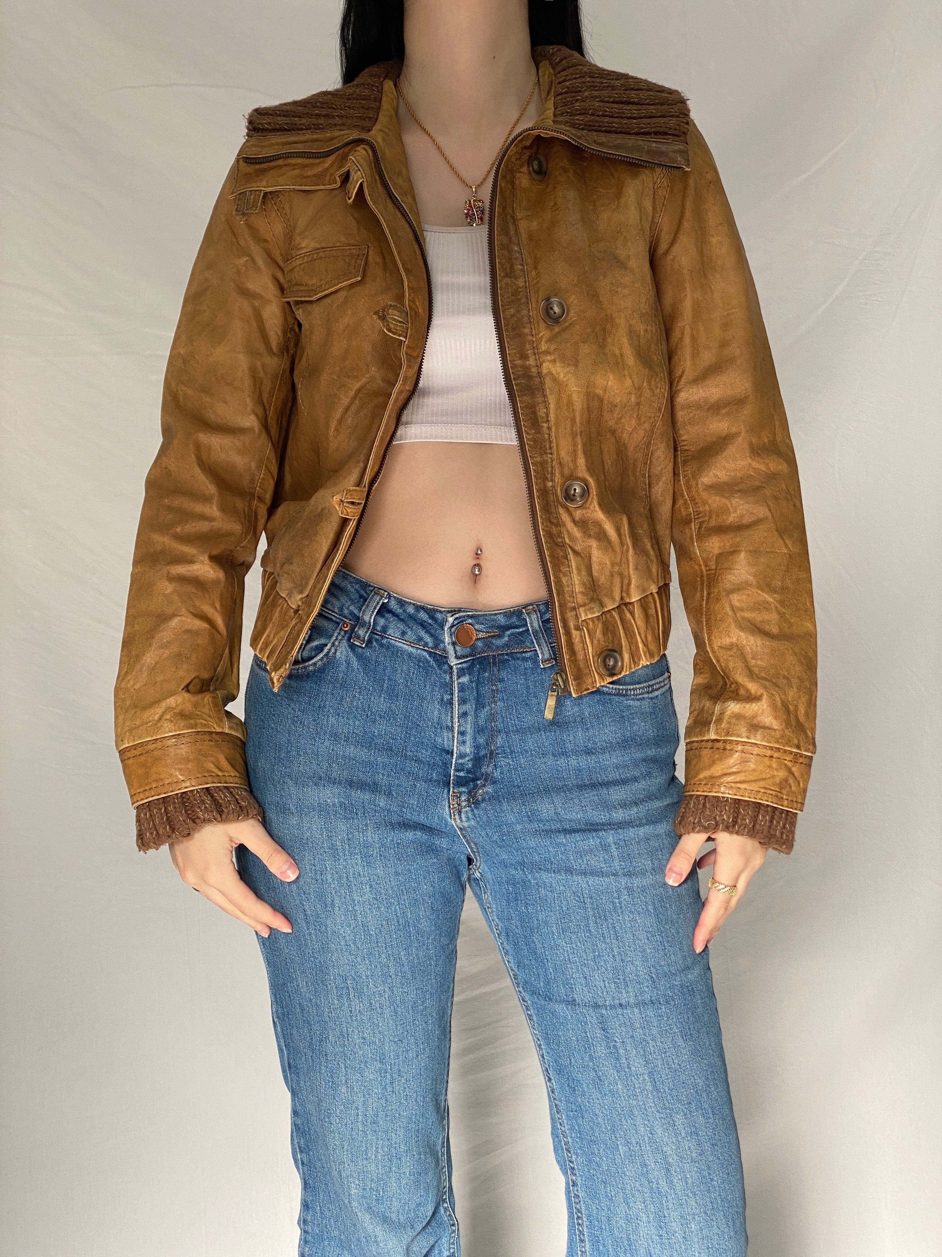 Y2K Jeim Basic Genuine Leather Tan Brown Distressed Cropped Jacket - S