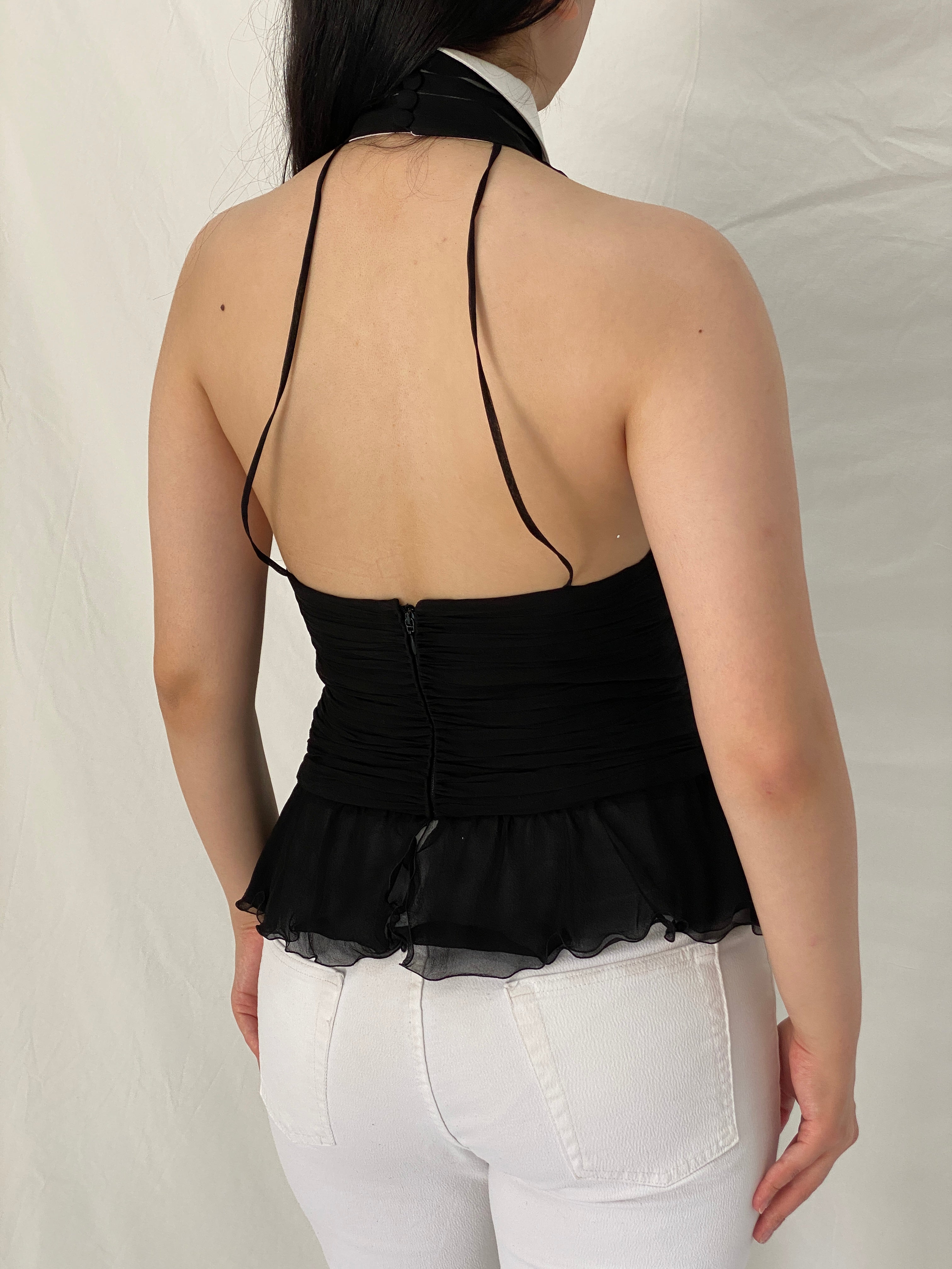 Y2K Lagerfeld Gallery Black Silk Halter Blouse with White Collar – S