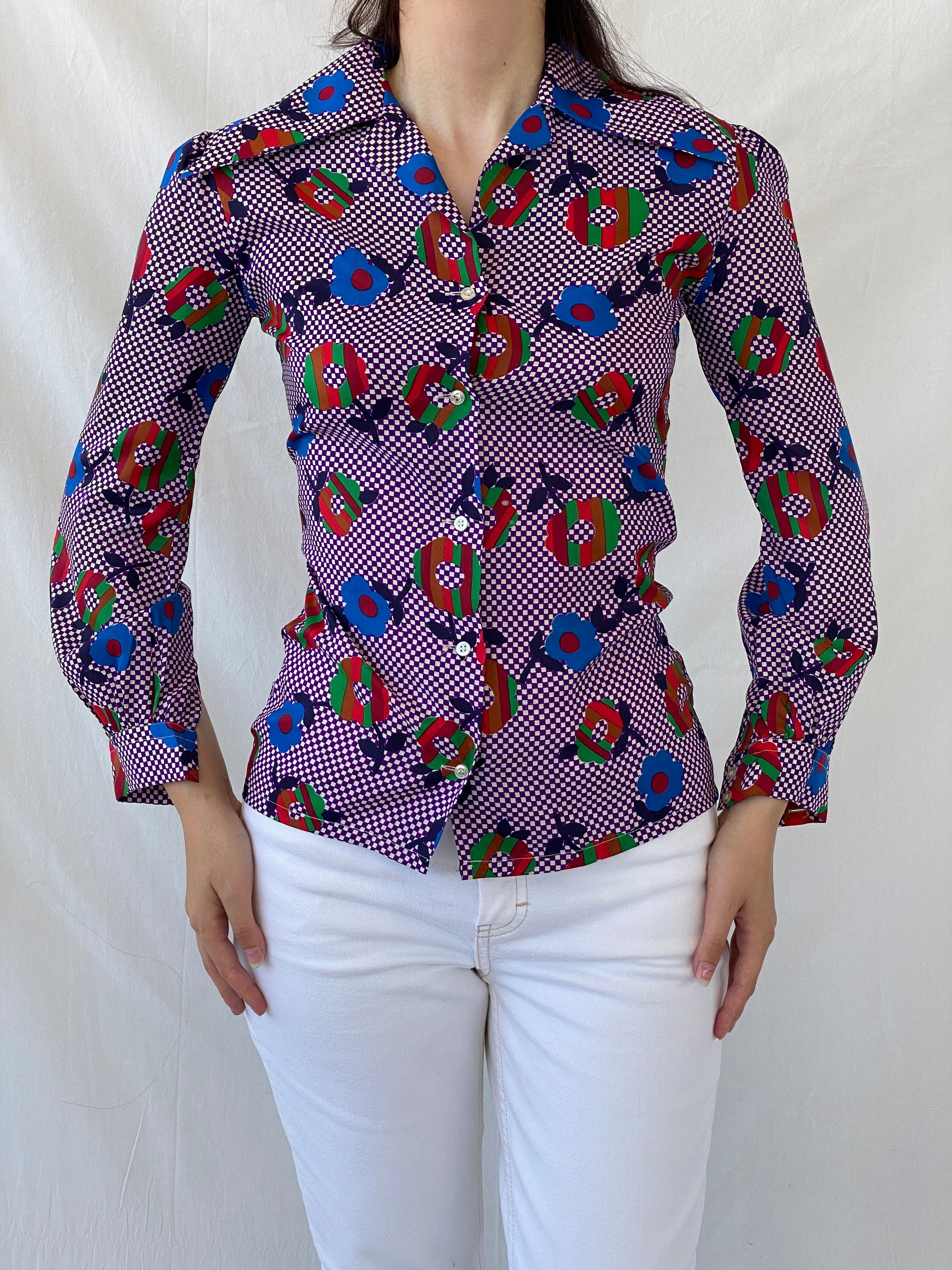 Vintage Qwer Geometric Floral Art Color Blast Full Sleeve Shirt - S