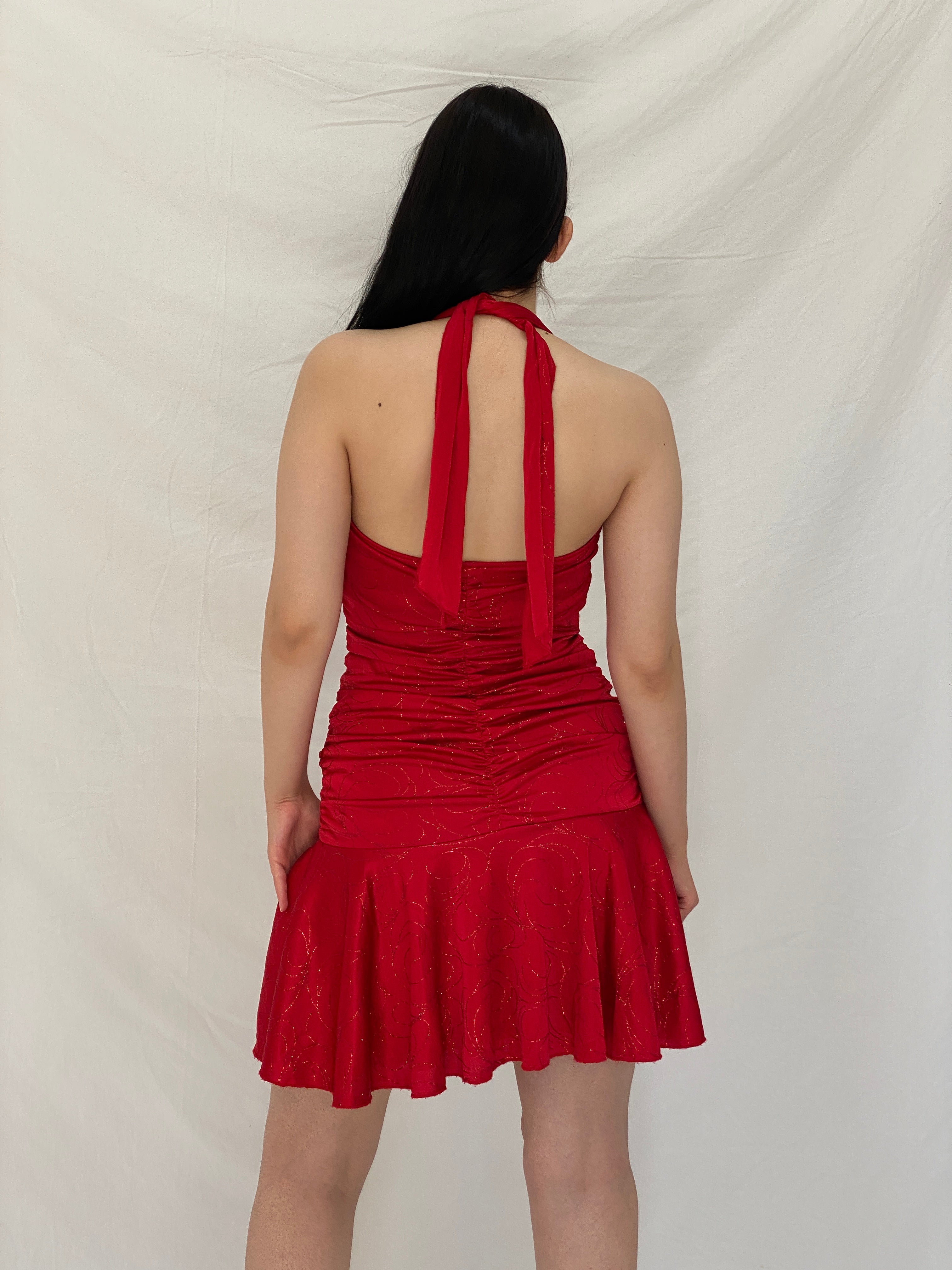 Vintage Y2K Ruby Rox Red Glitter Ruched Halter Mini Dress - M