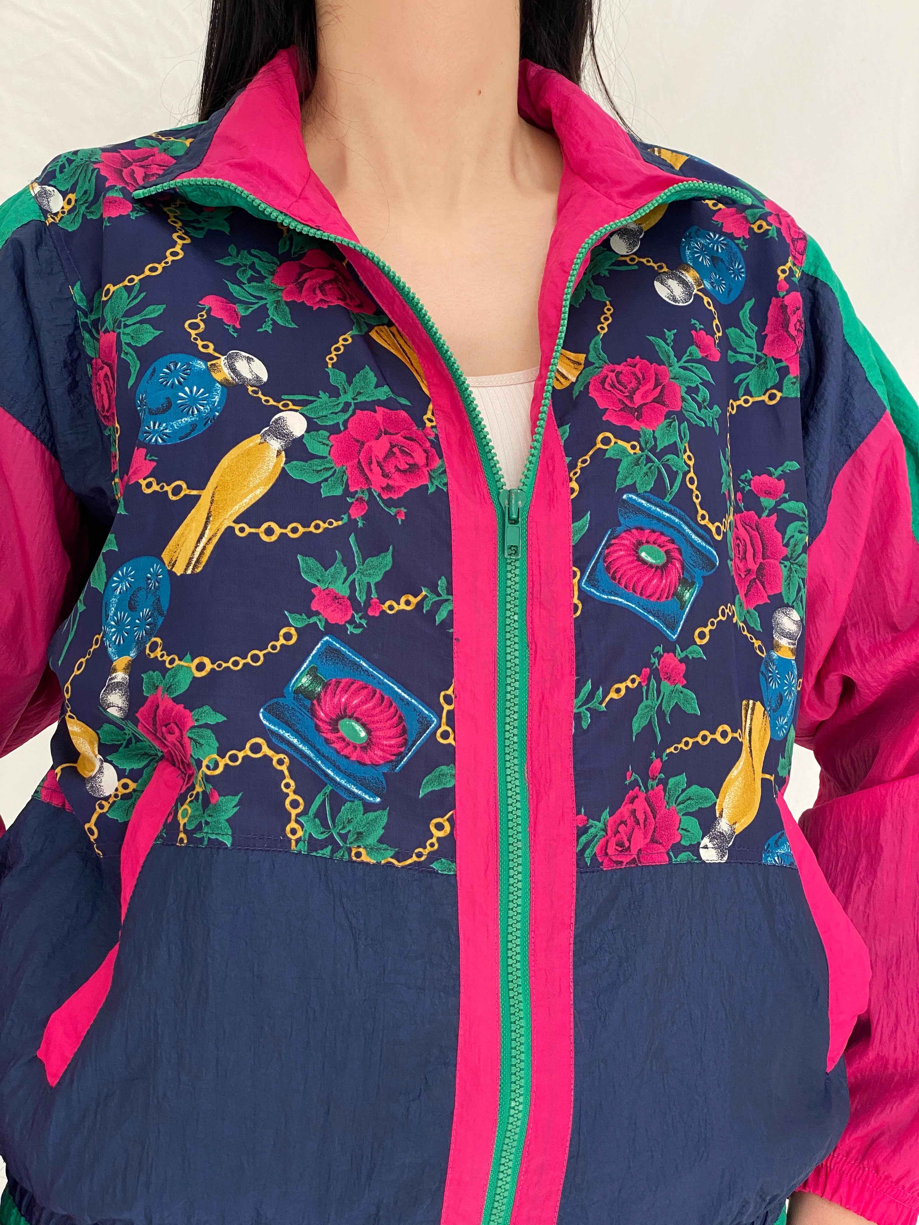 Vintage 90s Active Club Colorblock Windbreaker Track Jacket Navy Pink Green Sports Jacket - S