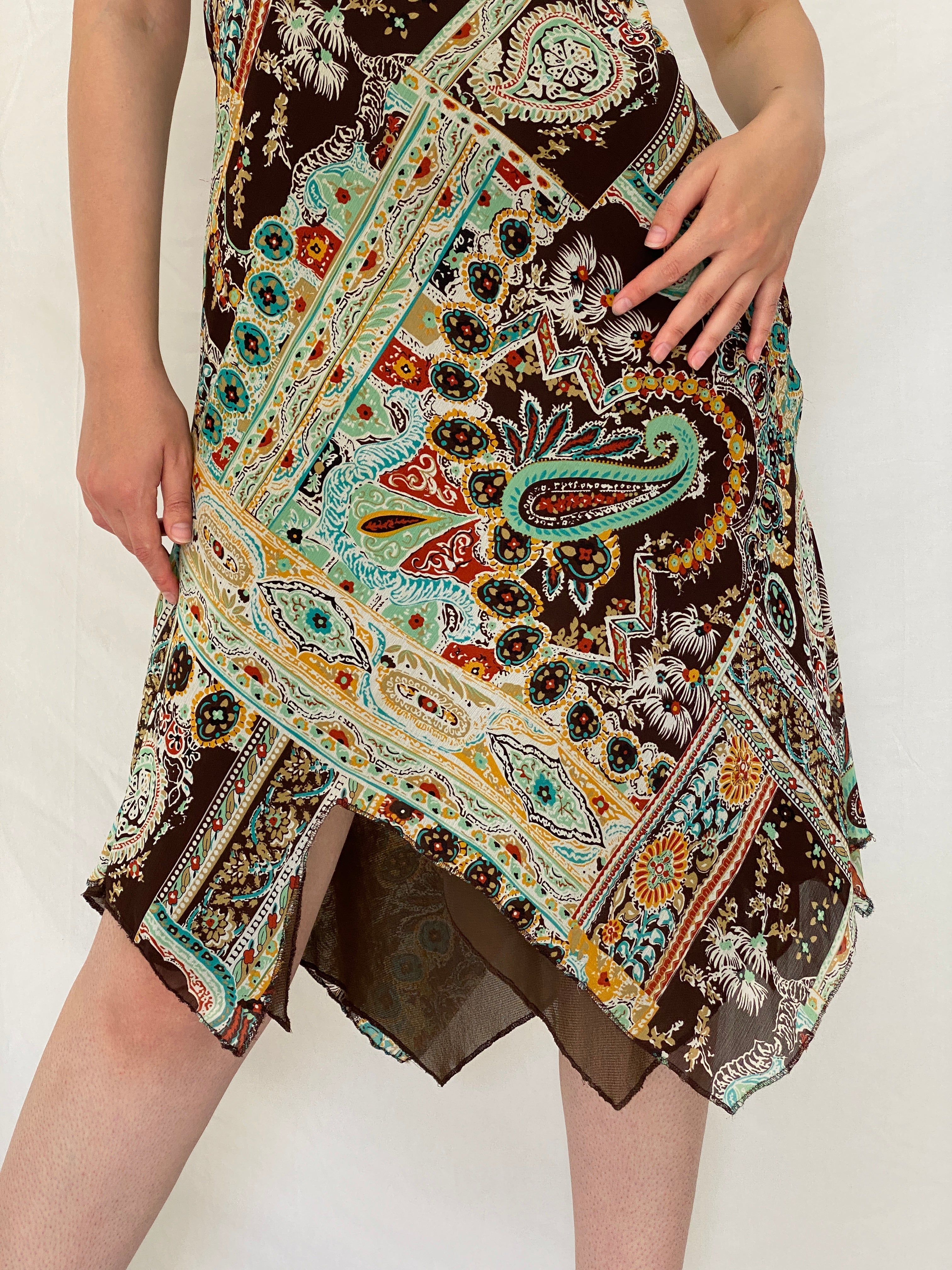 Vintage Y2K La City Brown Paisley Handkerchief Hem Slip Dress - S