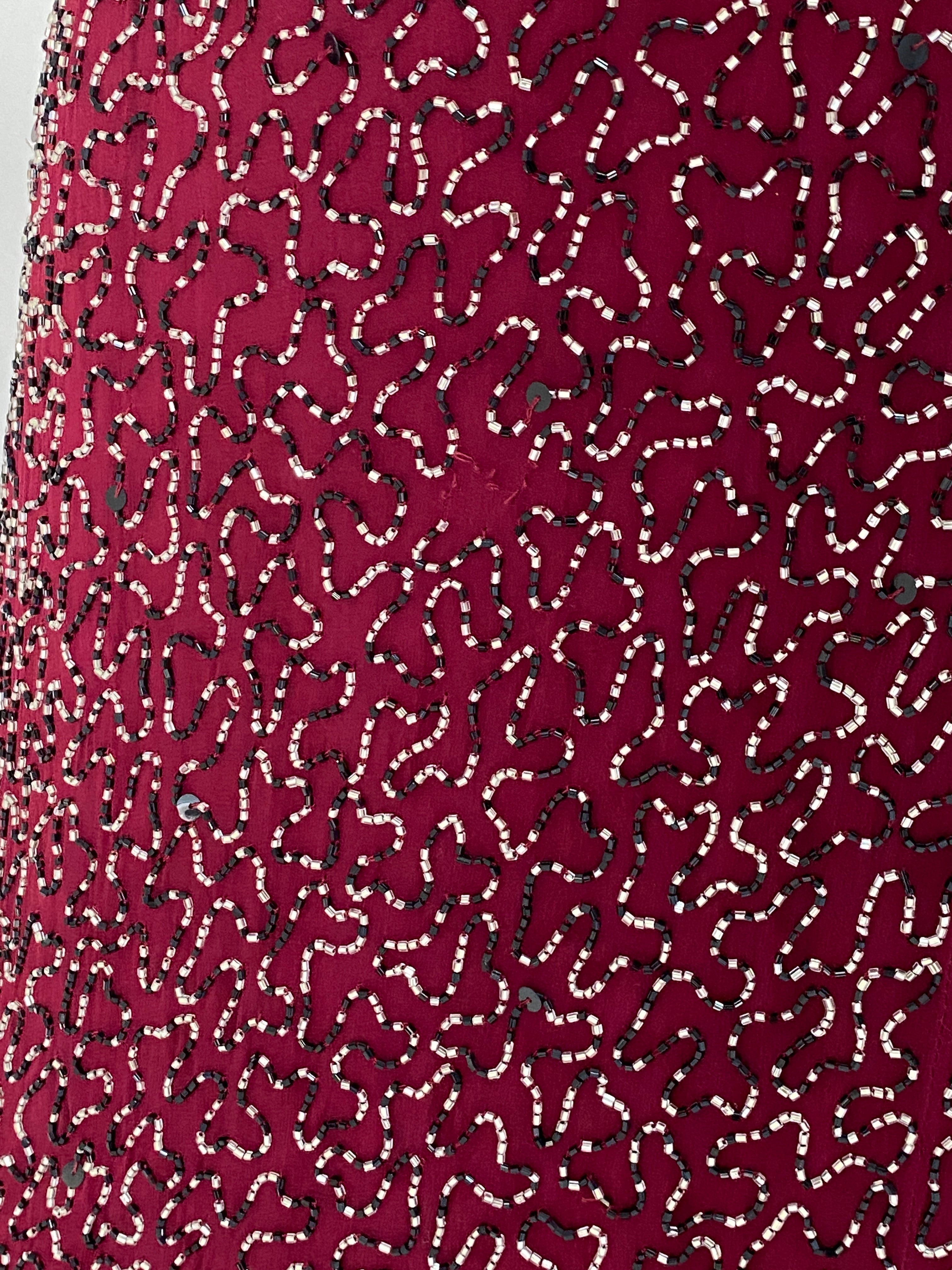 Vintage Romy Scala Burgundy 100% Silk Beaded Cross-Back Maxi Dress – M