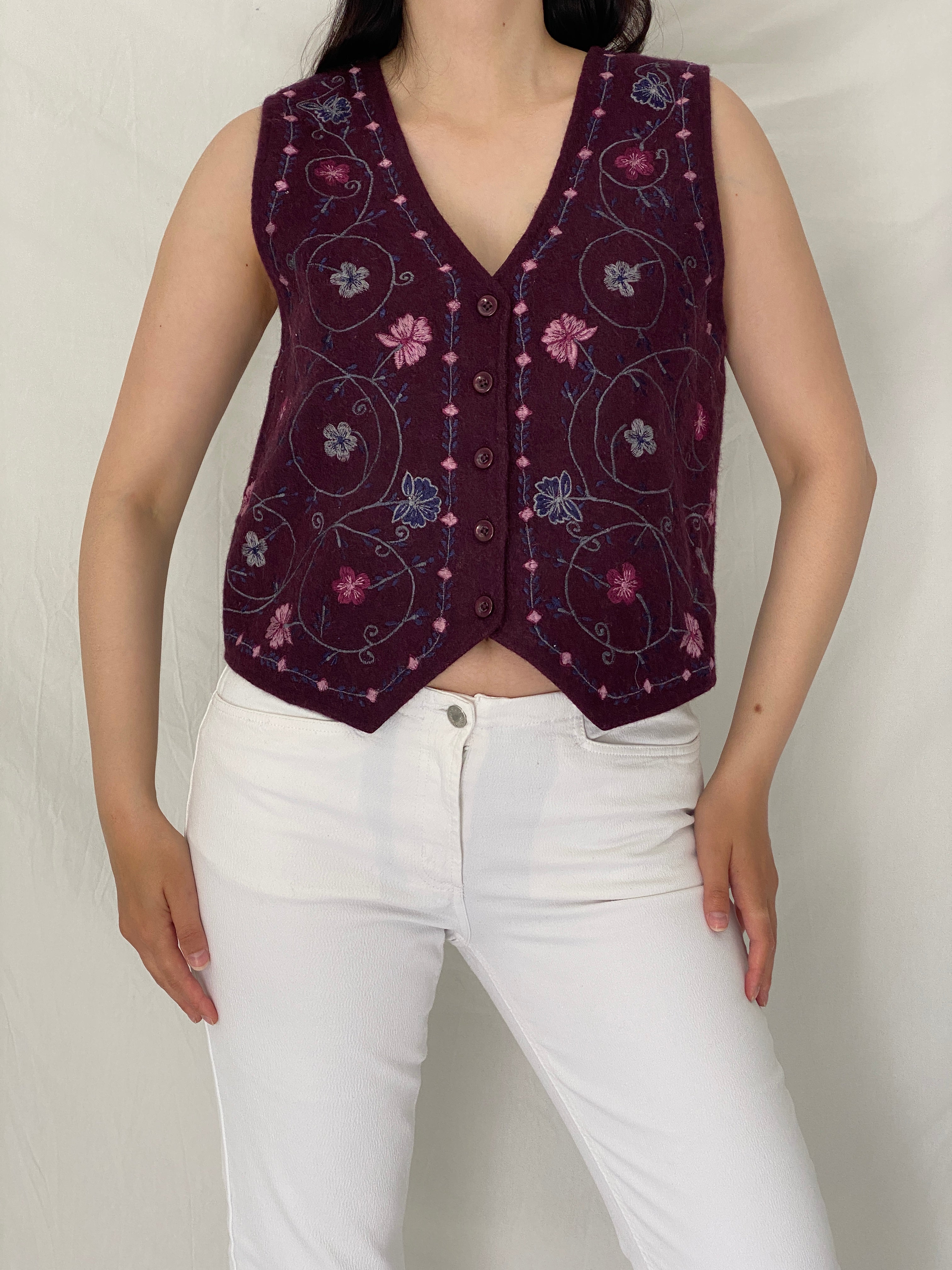 Vintage Y2K NorthCrest Embroidered Floral Wool Blend Vest Cottagecore Waistcoat – S