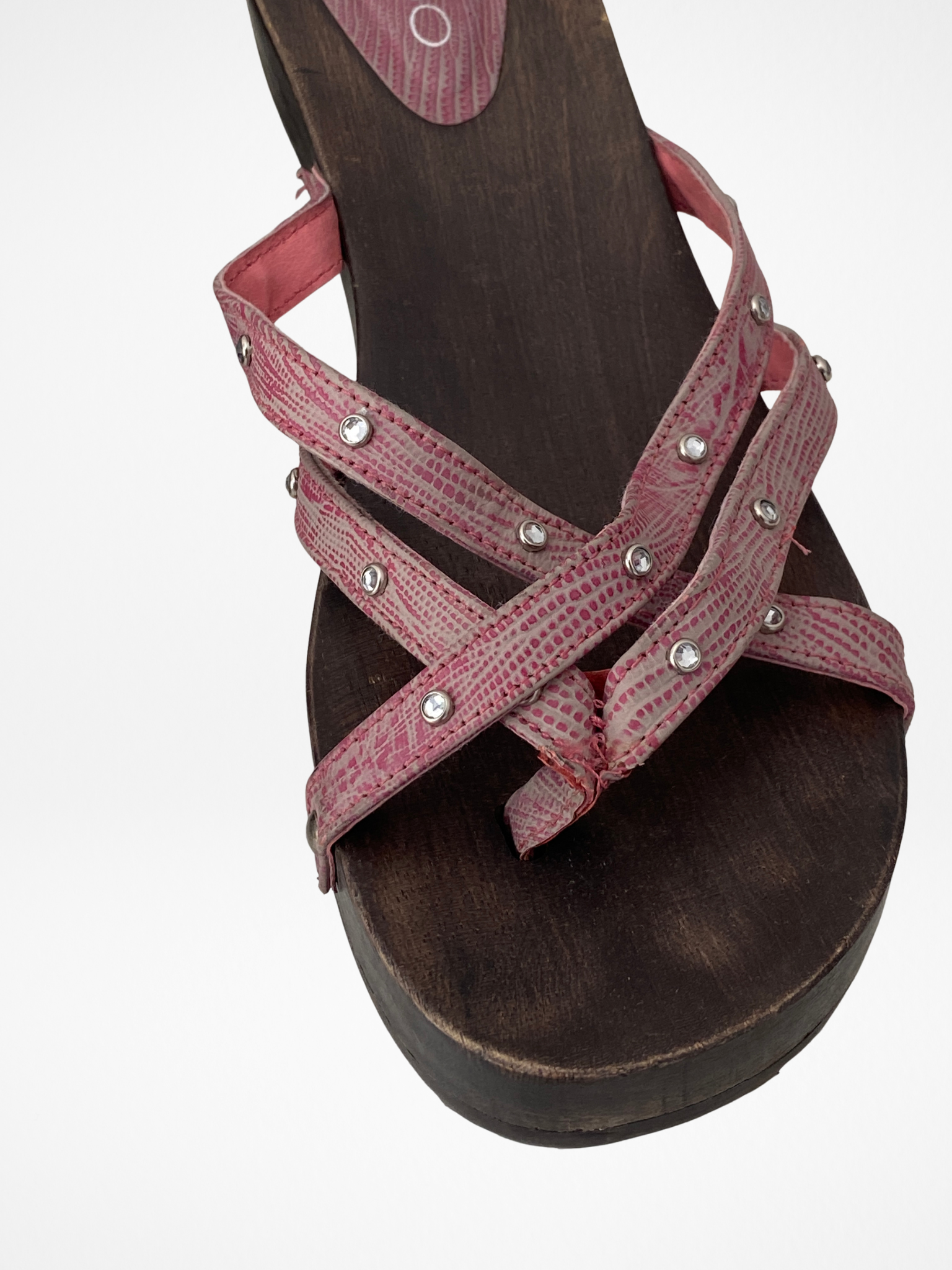 Vintage Y2K ALDO Pink Rhinestone Strappy Wooden Clog Sandals - 37 EU