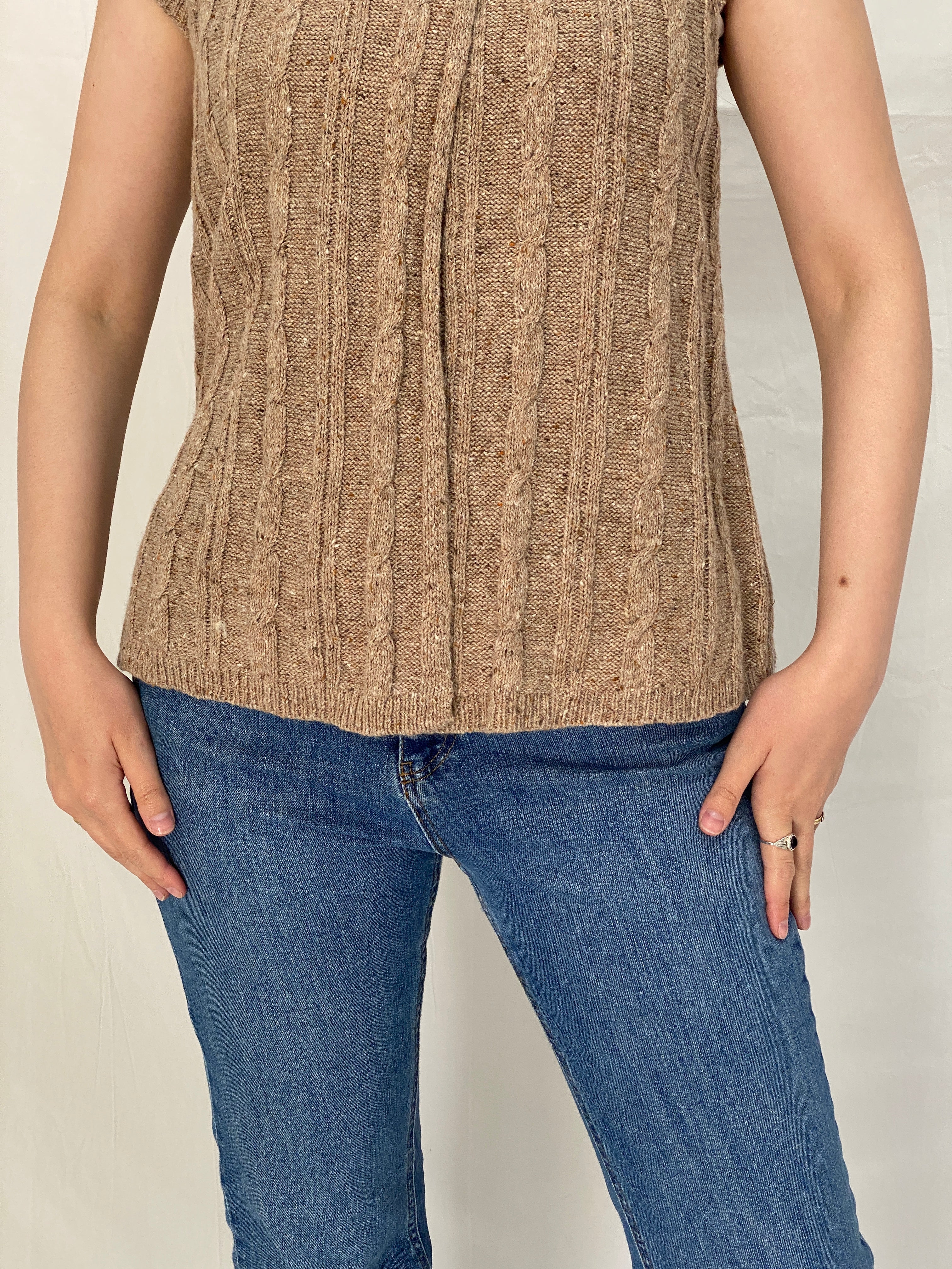 Vintage 90s JW Beige Wool Blend Cable Knit Sleeveless Turtleneck Sweater Vest - Size M