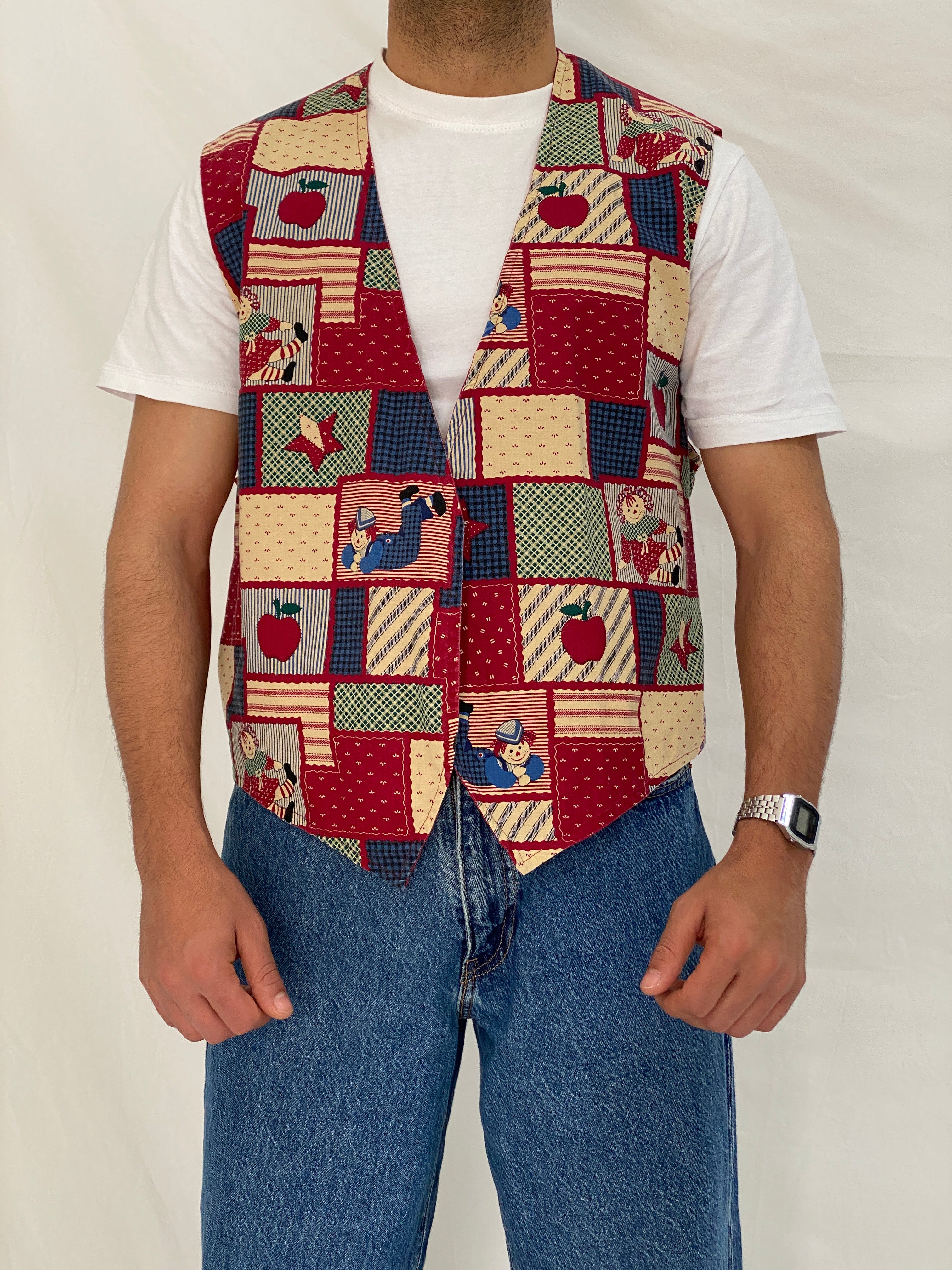 Vintage Handmade Patchwork Novelty Vest Red Folk Cotton Waistcoat – L