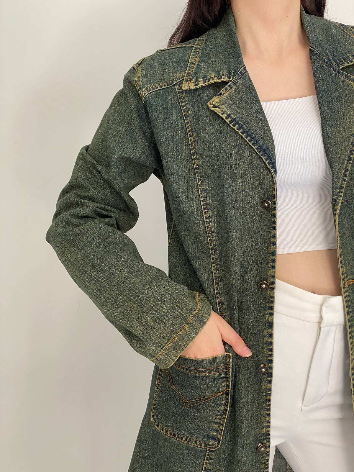 Vintage Y2K C&Y Classic Jeans Olive Blue Cotton Denim Longline Blazer Coat - XL