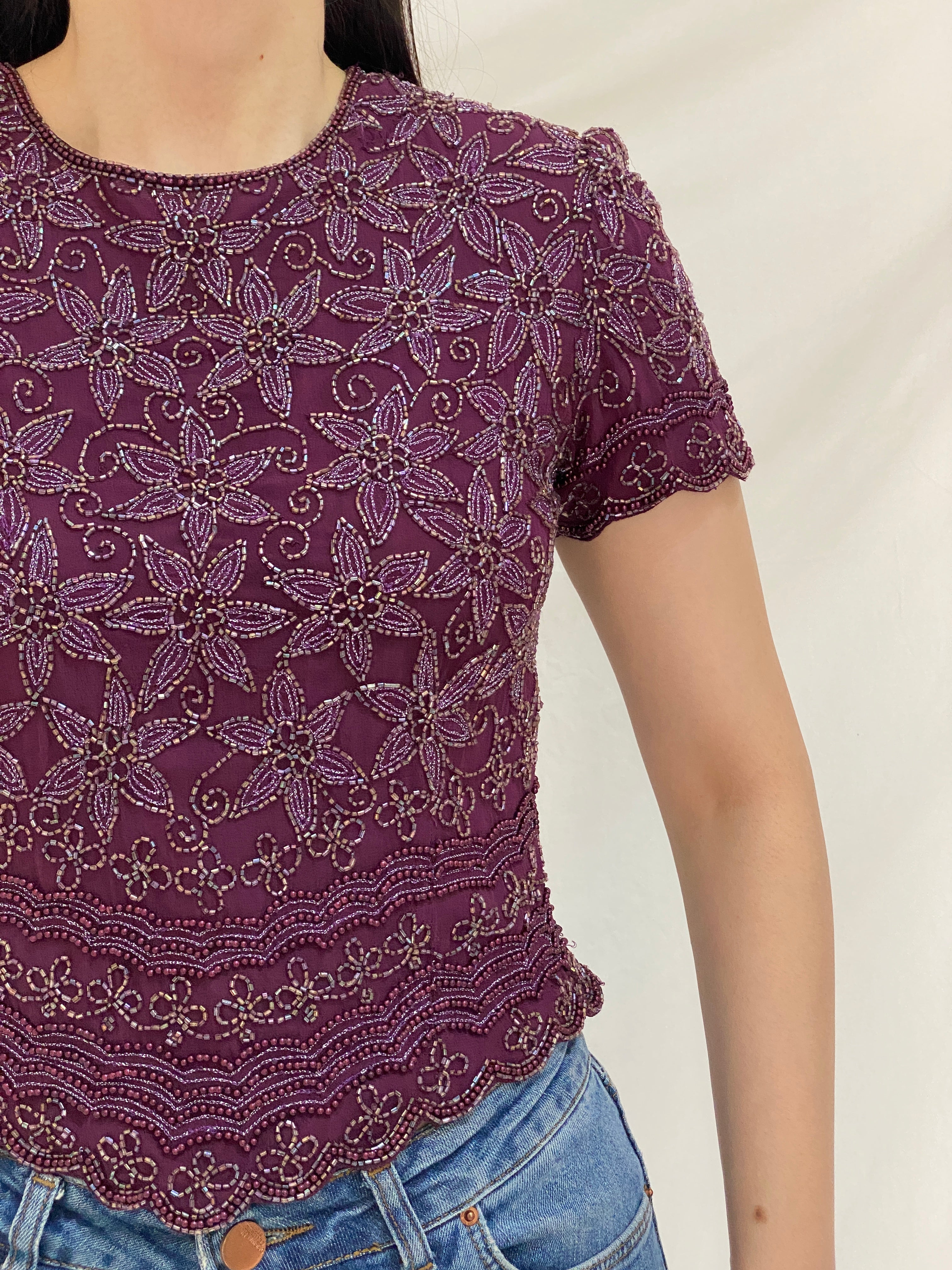 Vintage Adrianna Papell Beaded Silk Top Purple Floral Sequin Mesh Y2K Evening Party Top - S