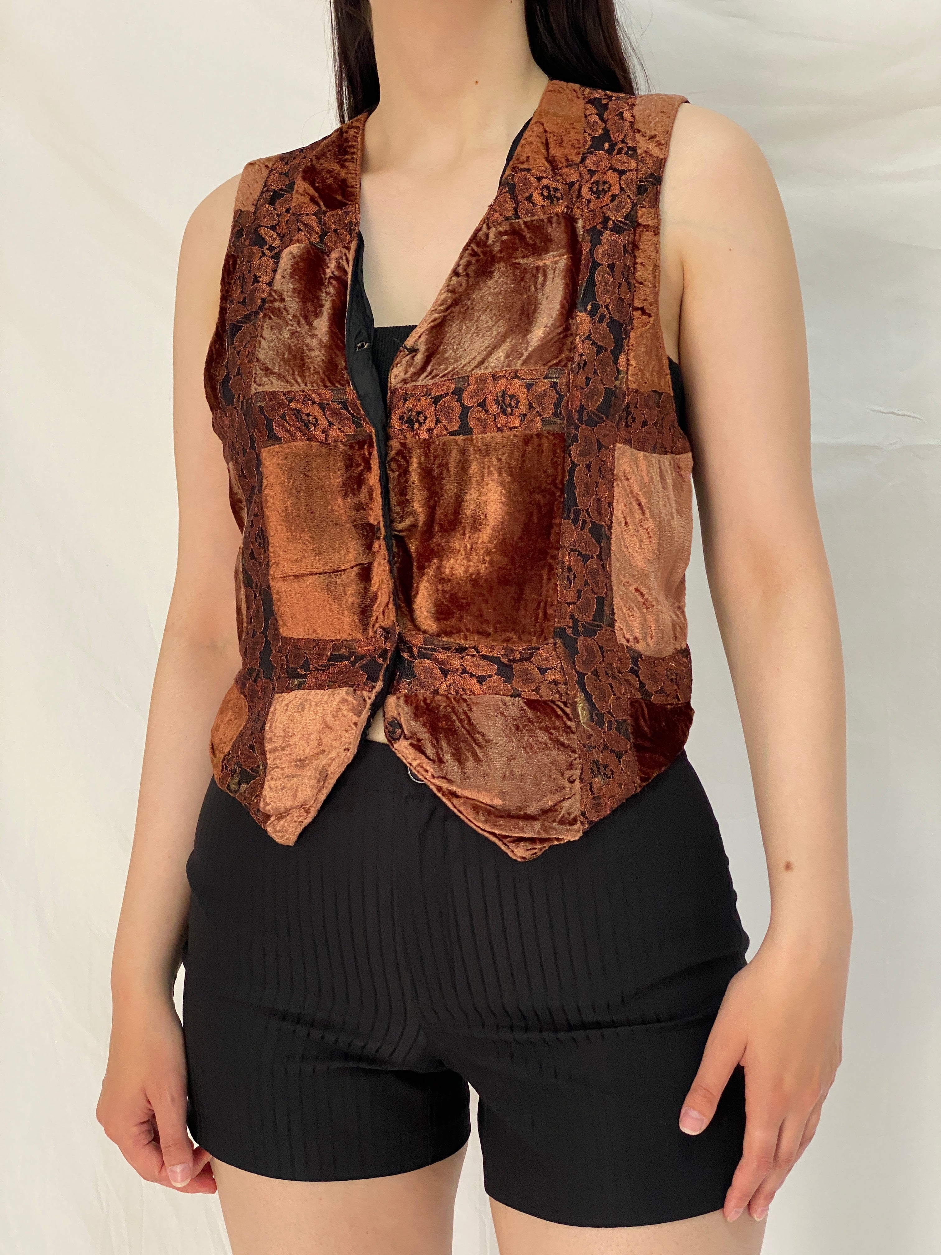 Vintage Y2K Brown Velvet Patchwork Lace Vest Boho Fairy Grunge Cropped Waistcoat Top – M