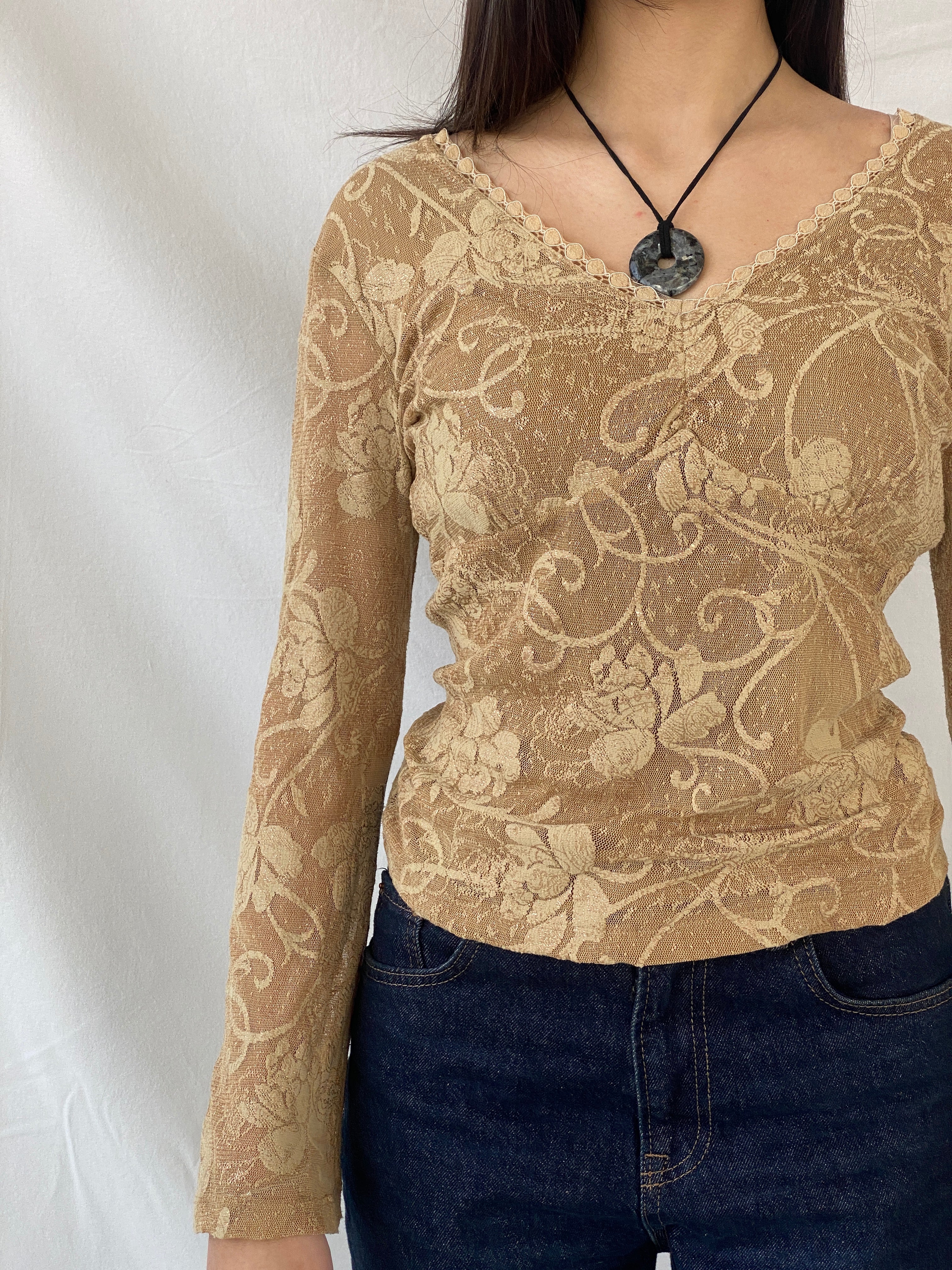 Vintage Gold Lace Women’s Long Sleeve Sheer Back Mesh Top - M