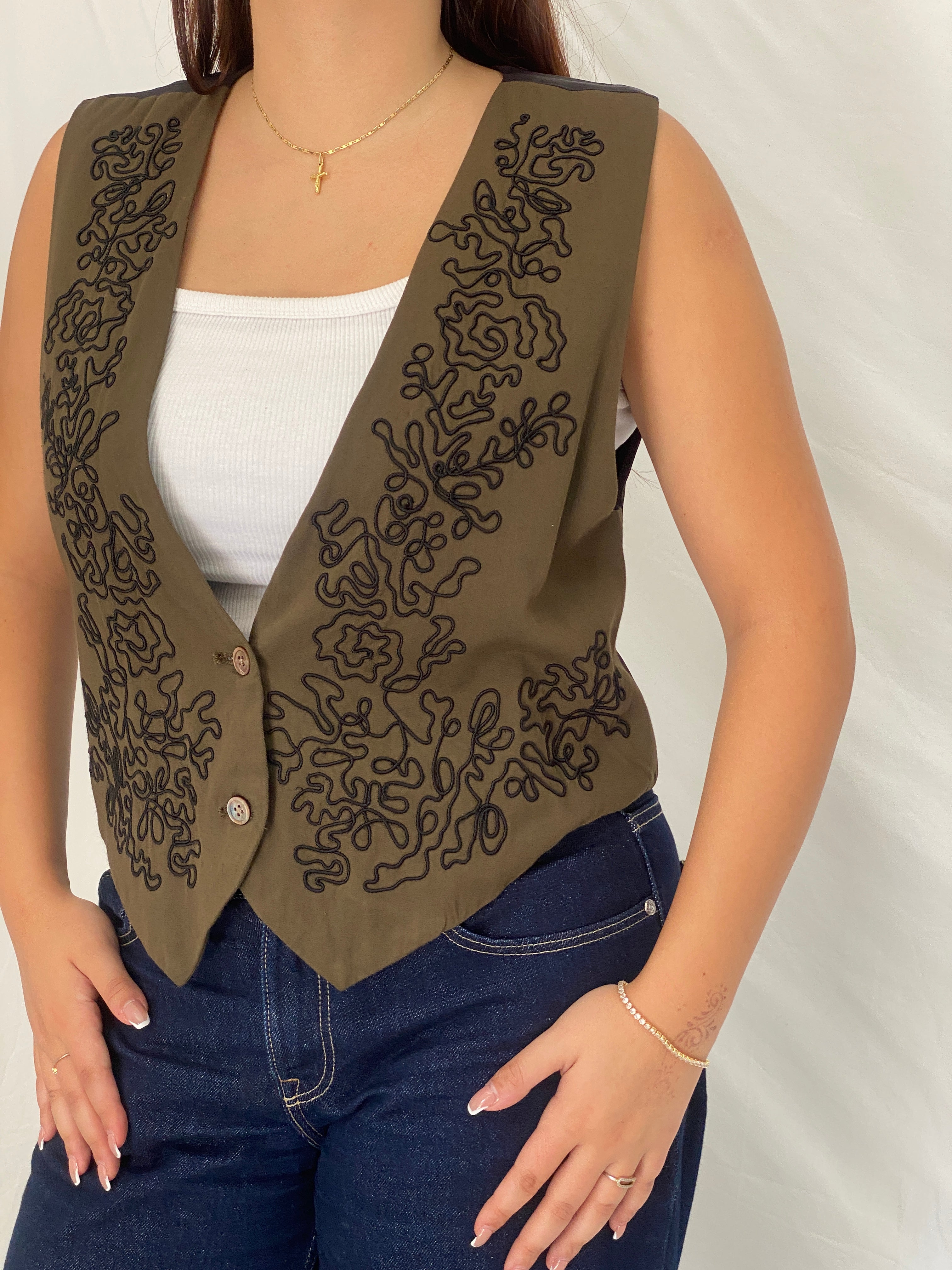 Vintage 90s Banana Republic Olive Embroidered Rayon Vest – L