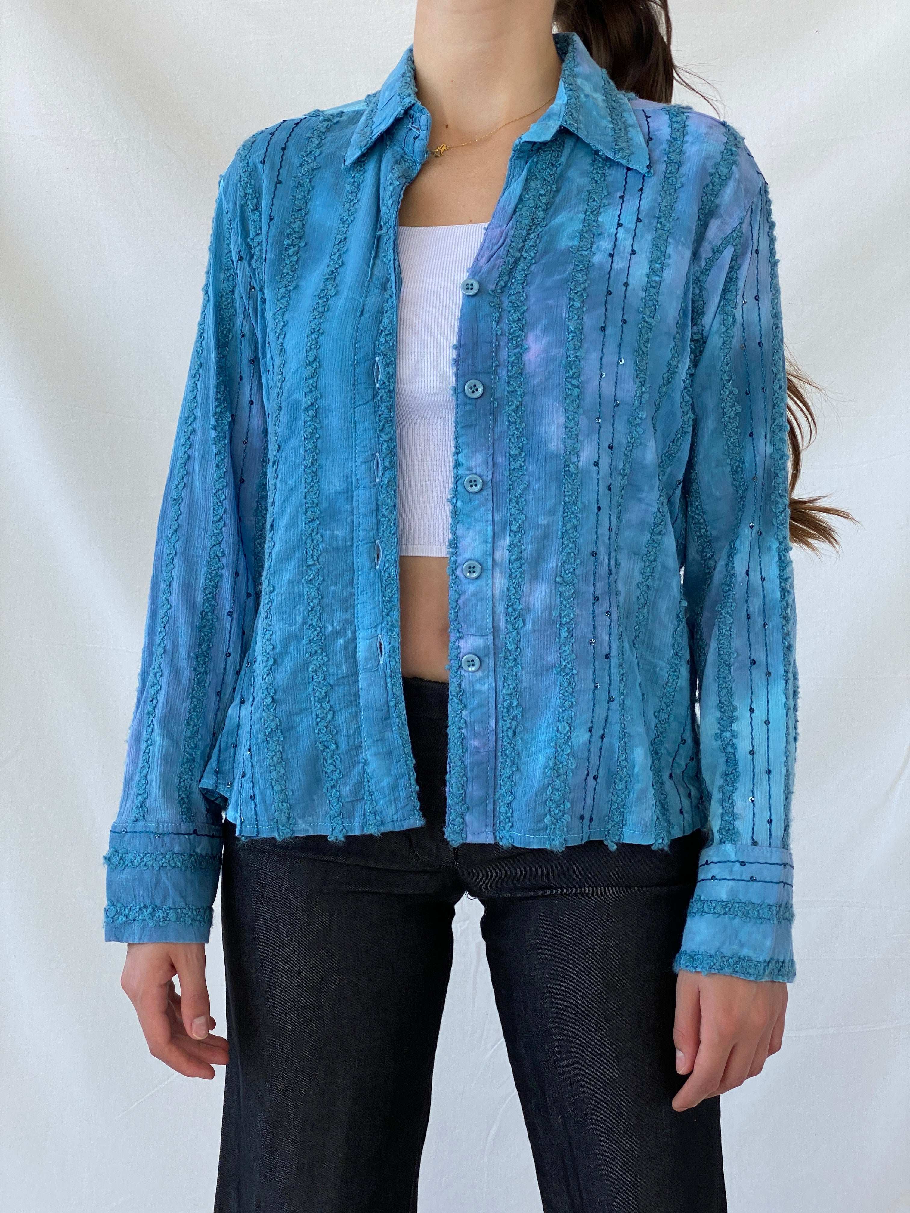 Vintage Tie-Dye Women’s Button Up Blue Sequin Cotton Shirt - M