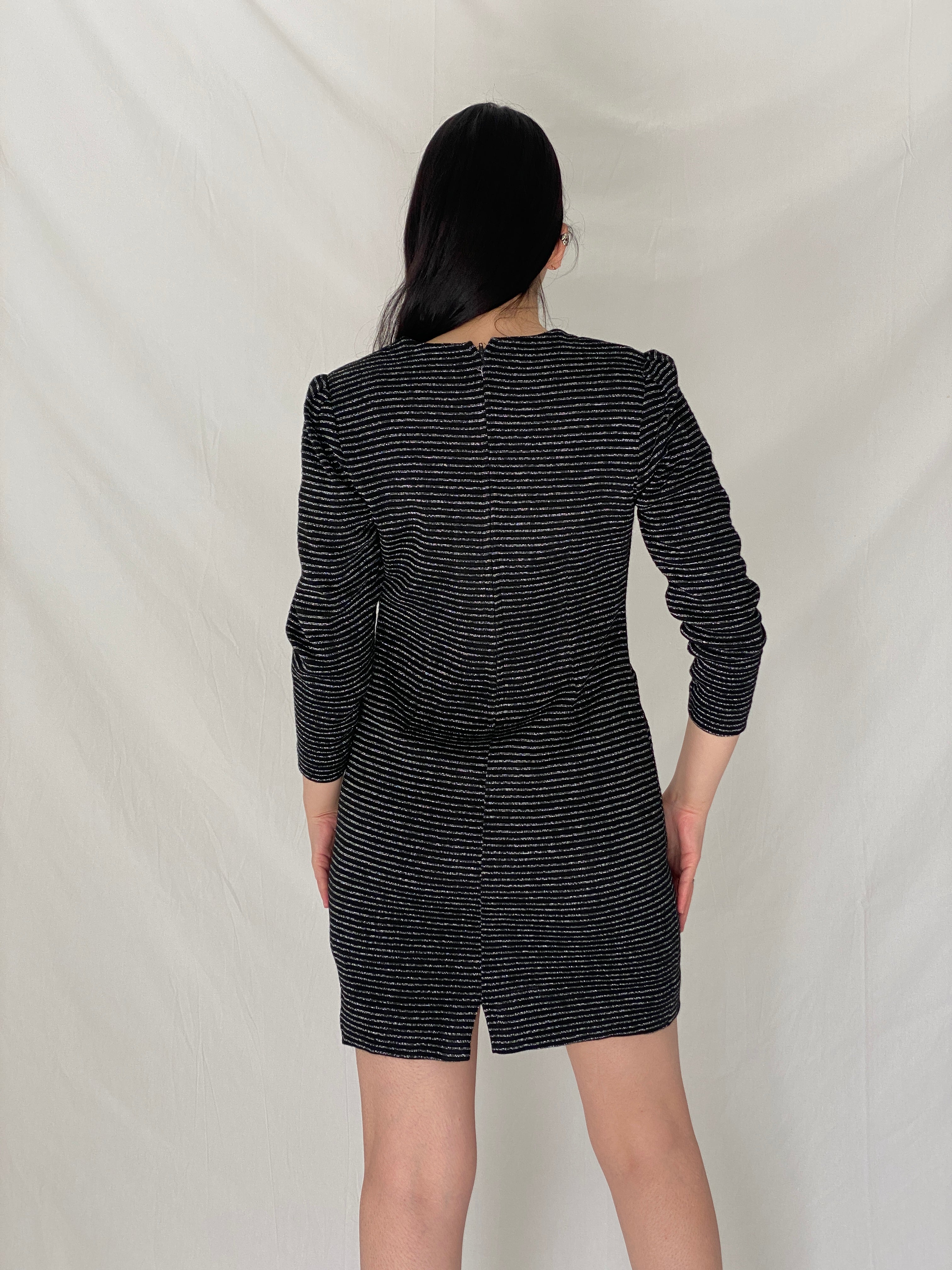 Vintage 90s Black Silver Striped Shimmer Mini Textured Evening Dress - M