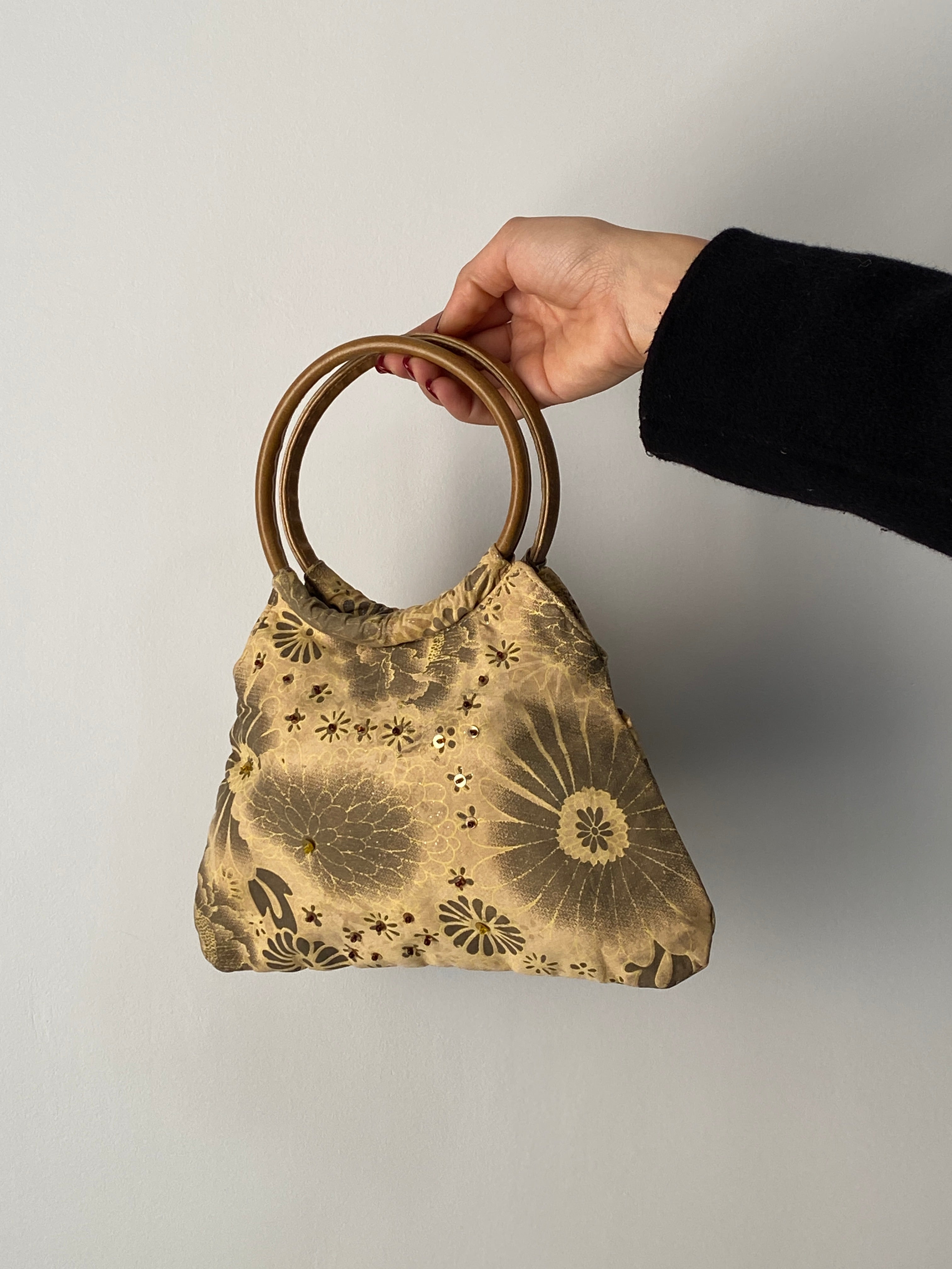 Vintage Y2K Mini Floral Embellished Handbag with Wooden Handles