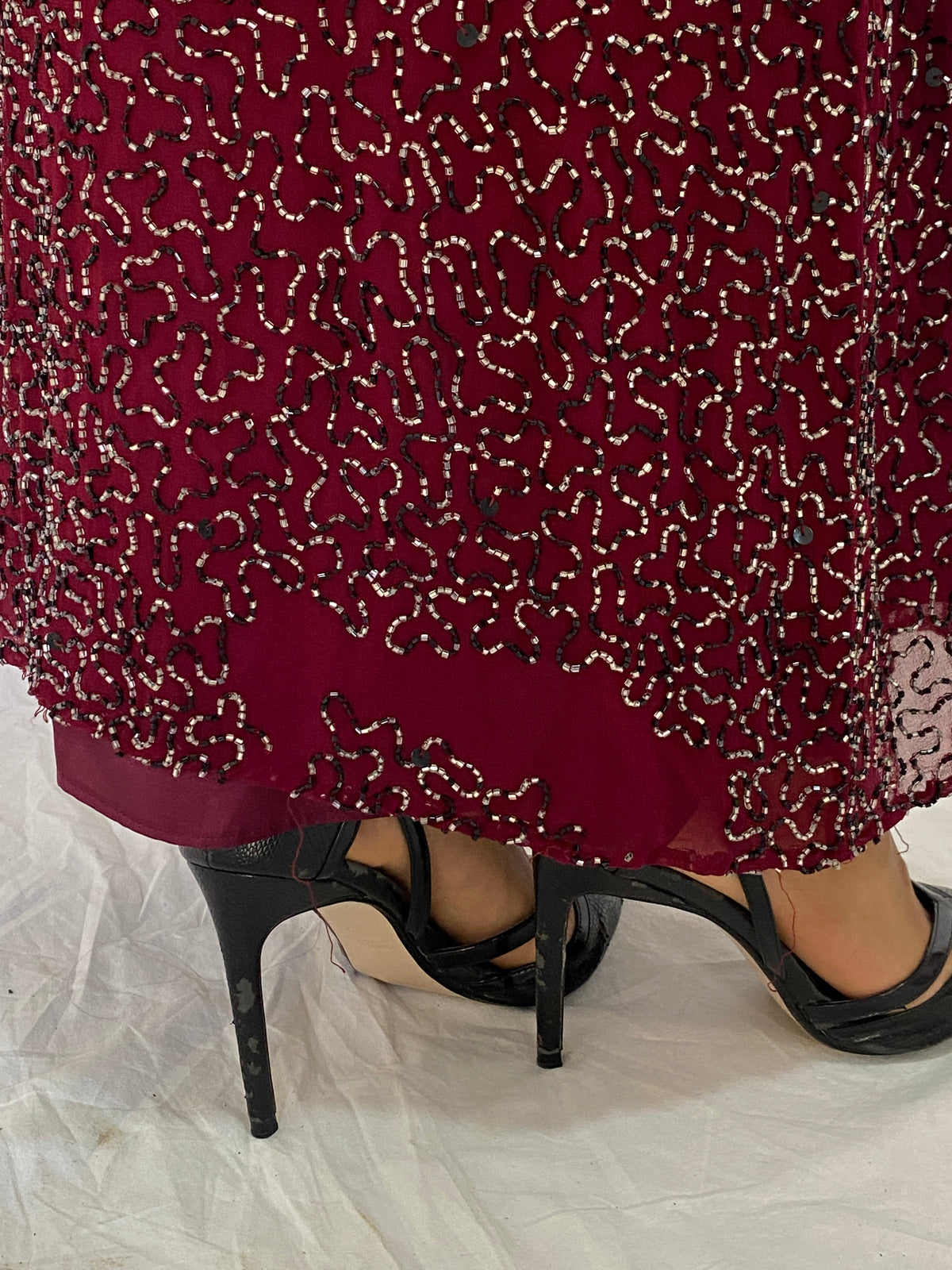 Vintage Romy Scala Burgundy 100% Silk Beaded Cross-Back Maxi Dress – M