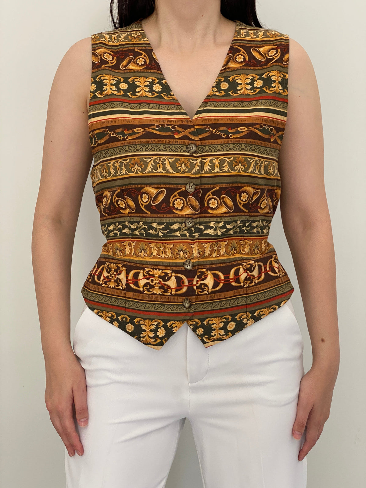 Vintage 90s White Stag Brown Baroque Equestrian Print Tailored Vest - M