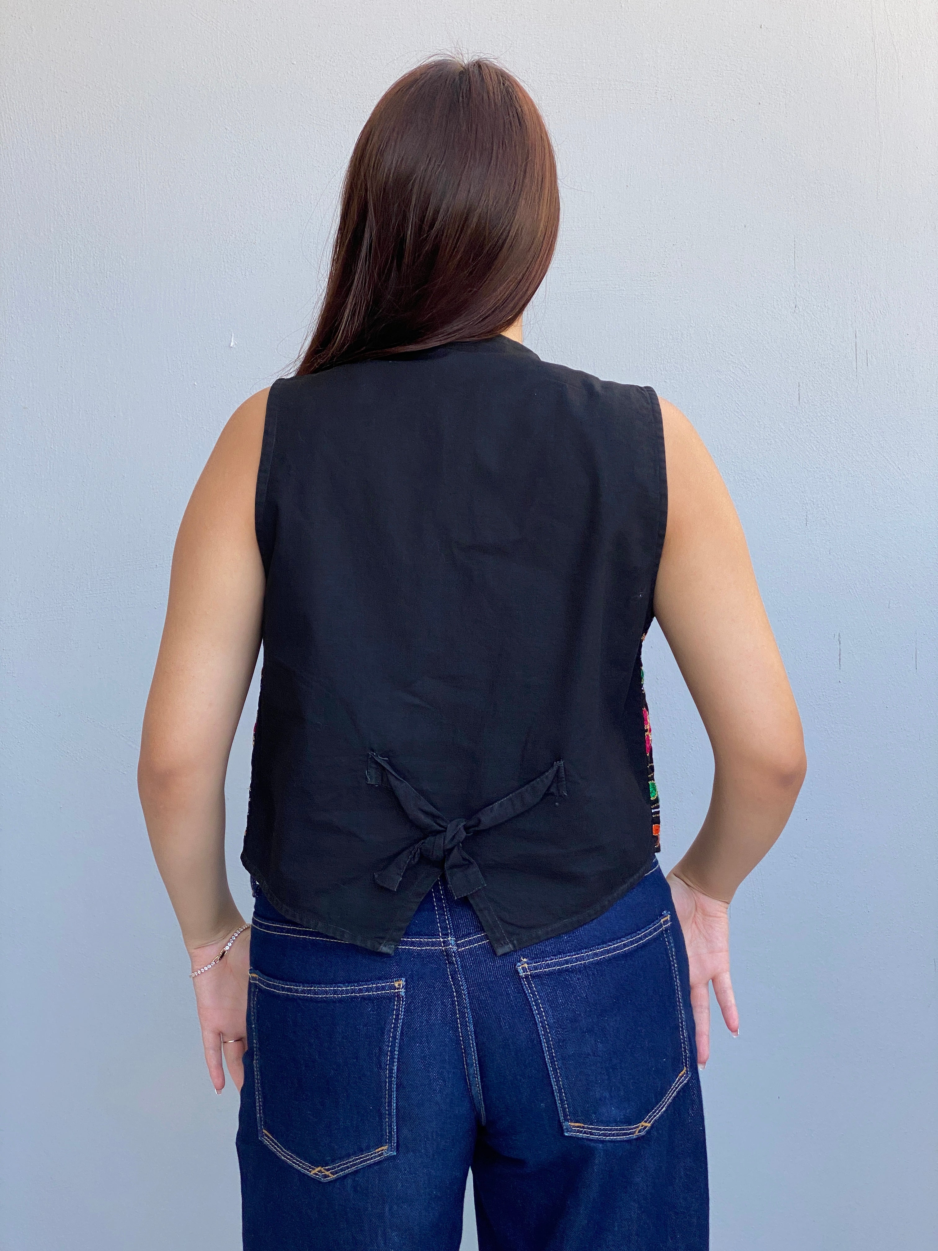 Vintage 90s Strike A Pose Black Embroidered Cotton Boho Festival Vest - S