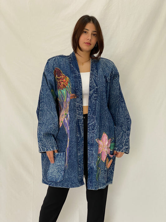 Vintage Christie California Hand Painted Denim Duster 80s Acid Wash Kimono Coat - 2XL