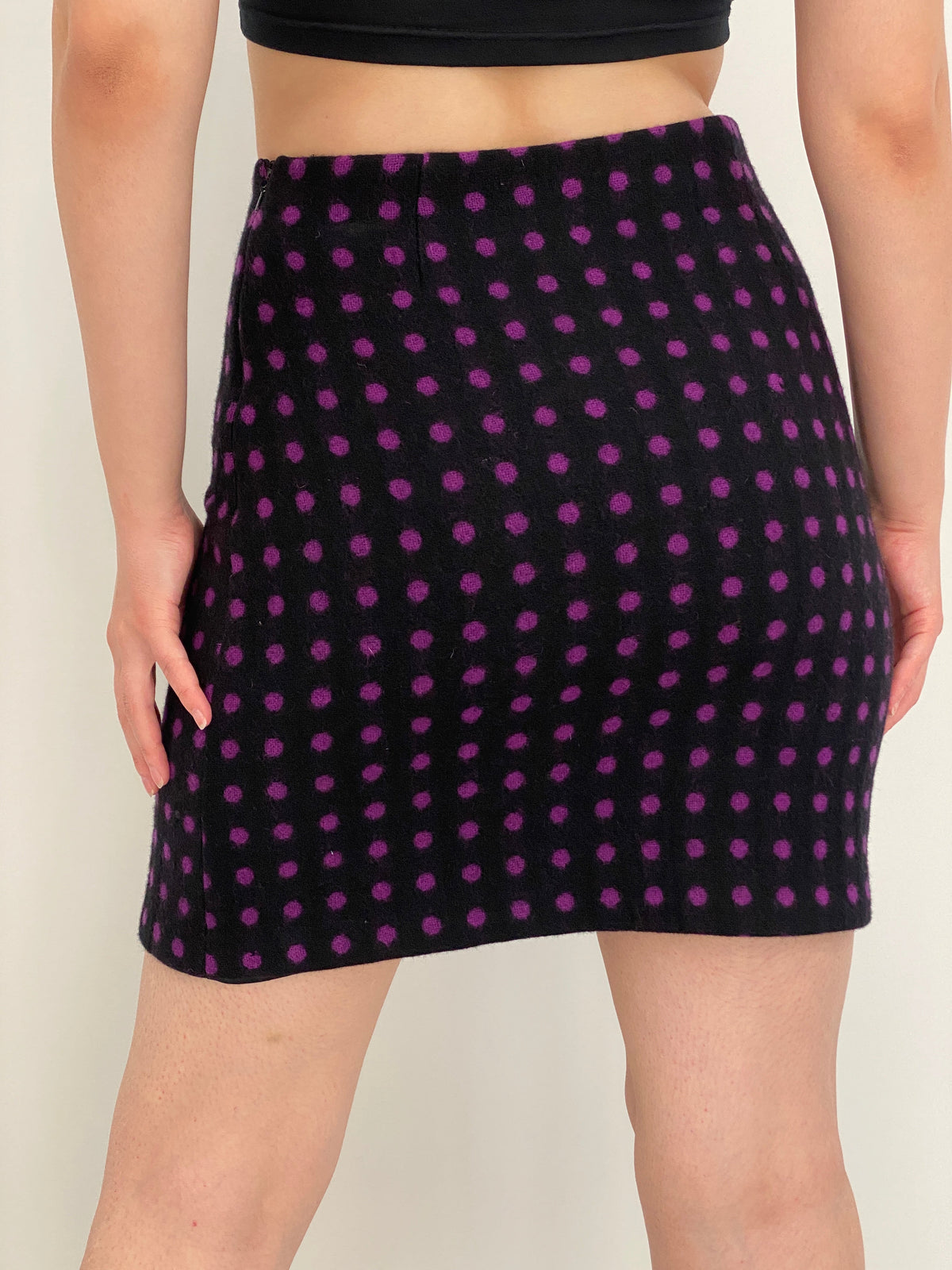 Hobbs London Black & Purple Polka Dot 100% Wool Mini Skirt – M