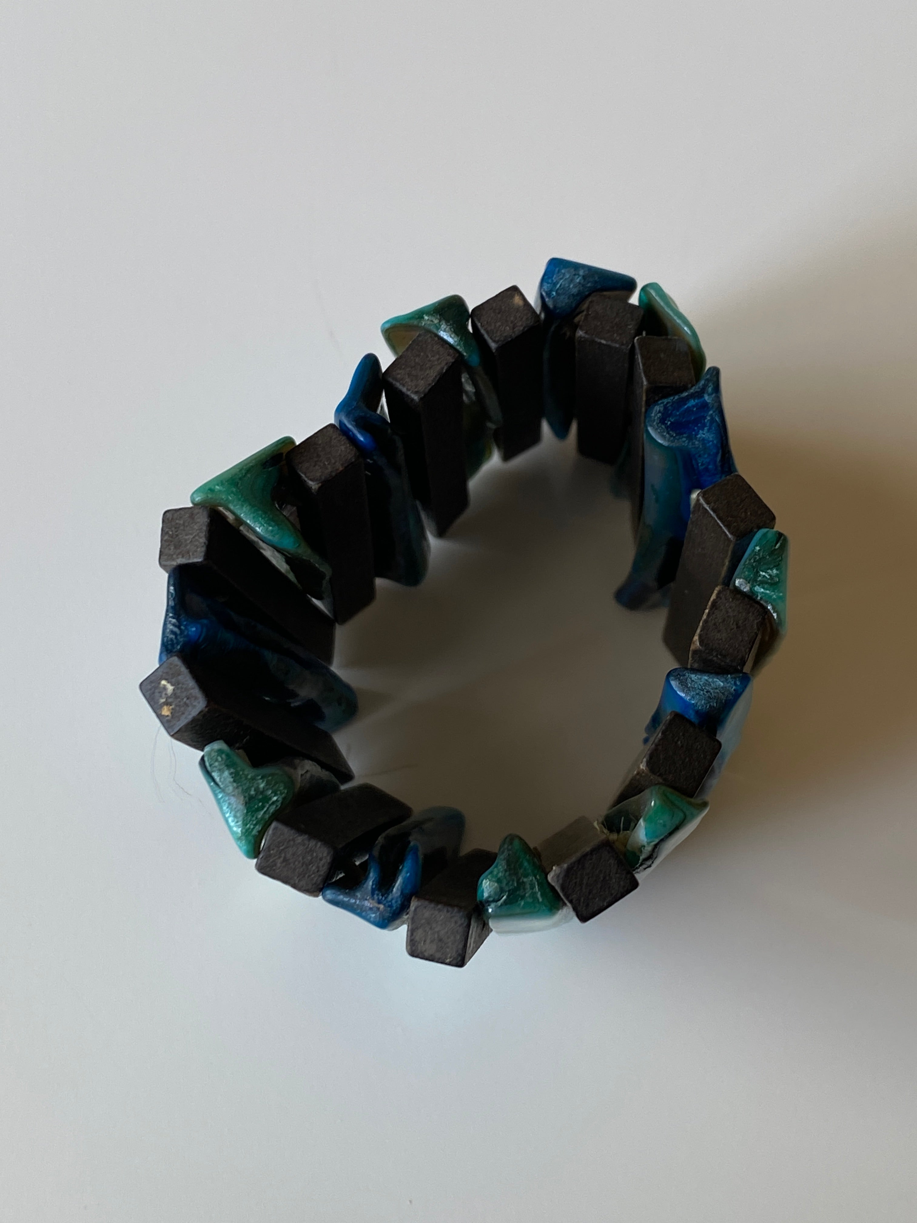 Vintage Mother of Pearl & Wooden Tile Elastic Bracelet Blue Shell Statement Bracelet