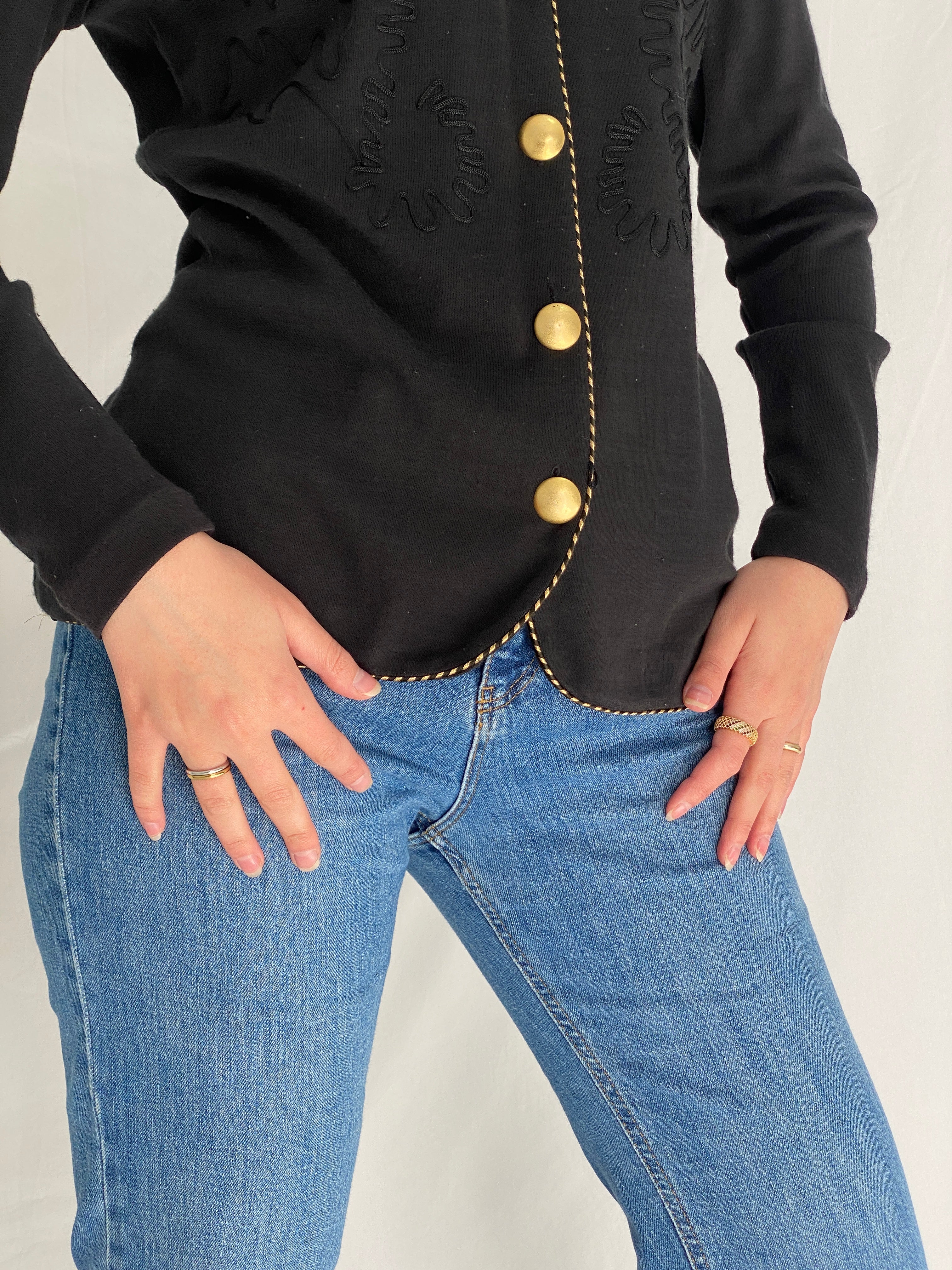 Vintage Liz Claiborne Embroidered Gold Button Black Cardigan - M