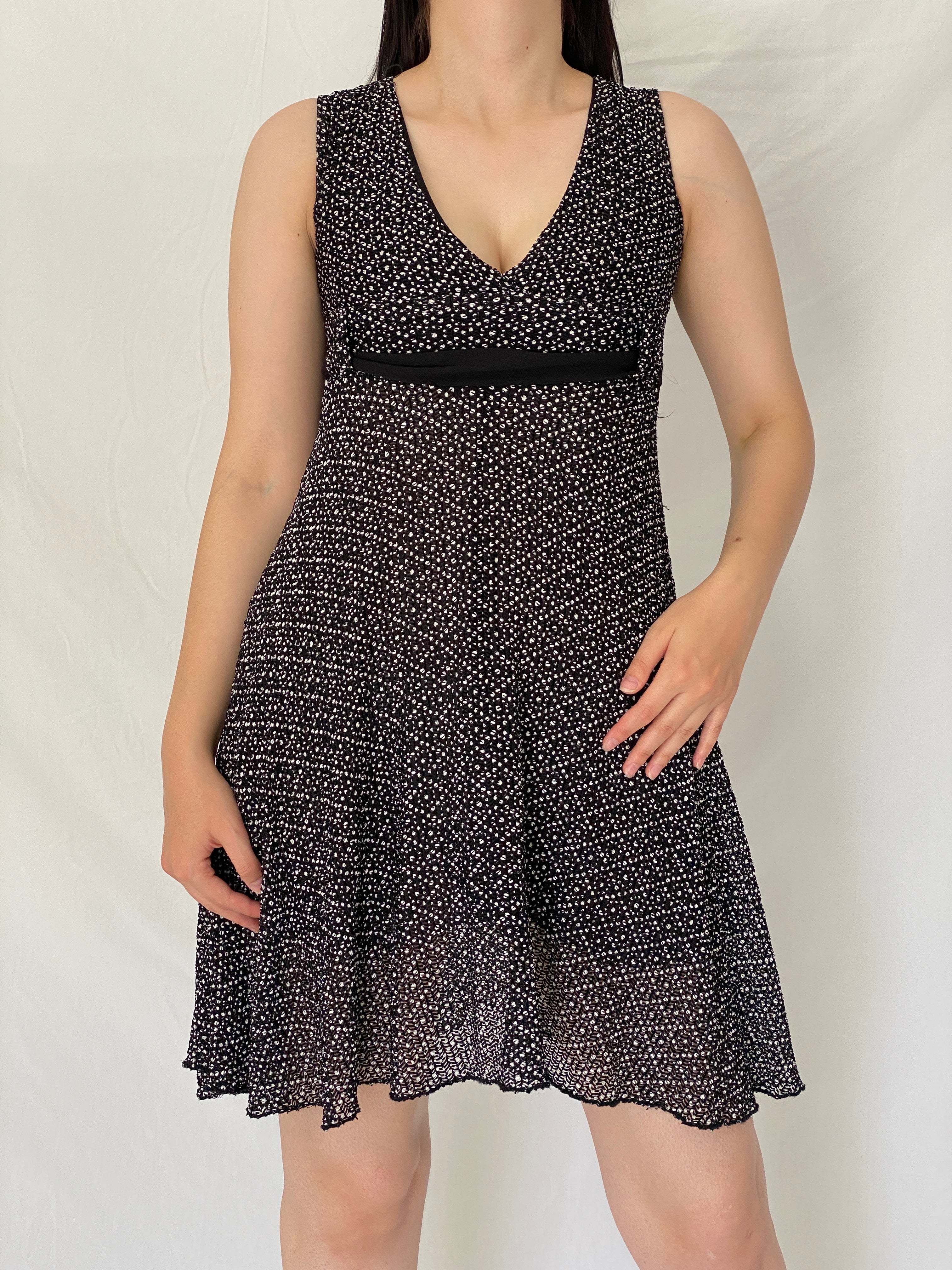 Vintage Y2K Exmoor Black & White Micro Print Empire Waist Fit & Flare Dress - M