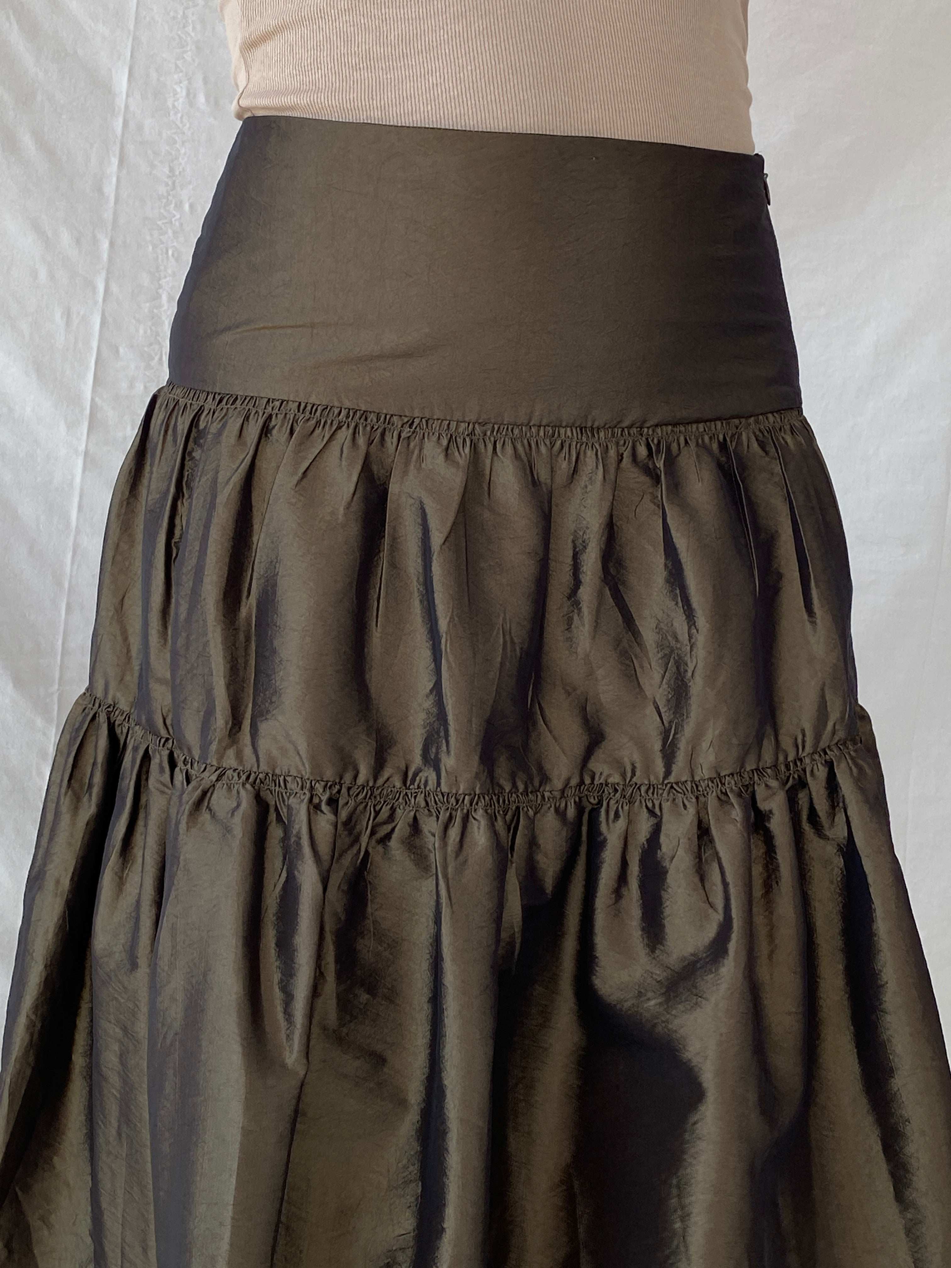 90e Morgan De Toi Metallic Olive Green Tiered Midi Skirt - M - Balagan Vintage Midi Skirt 00s, Lana, maxi skirt, metallic shirt, NEW IN, summer