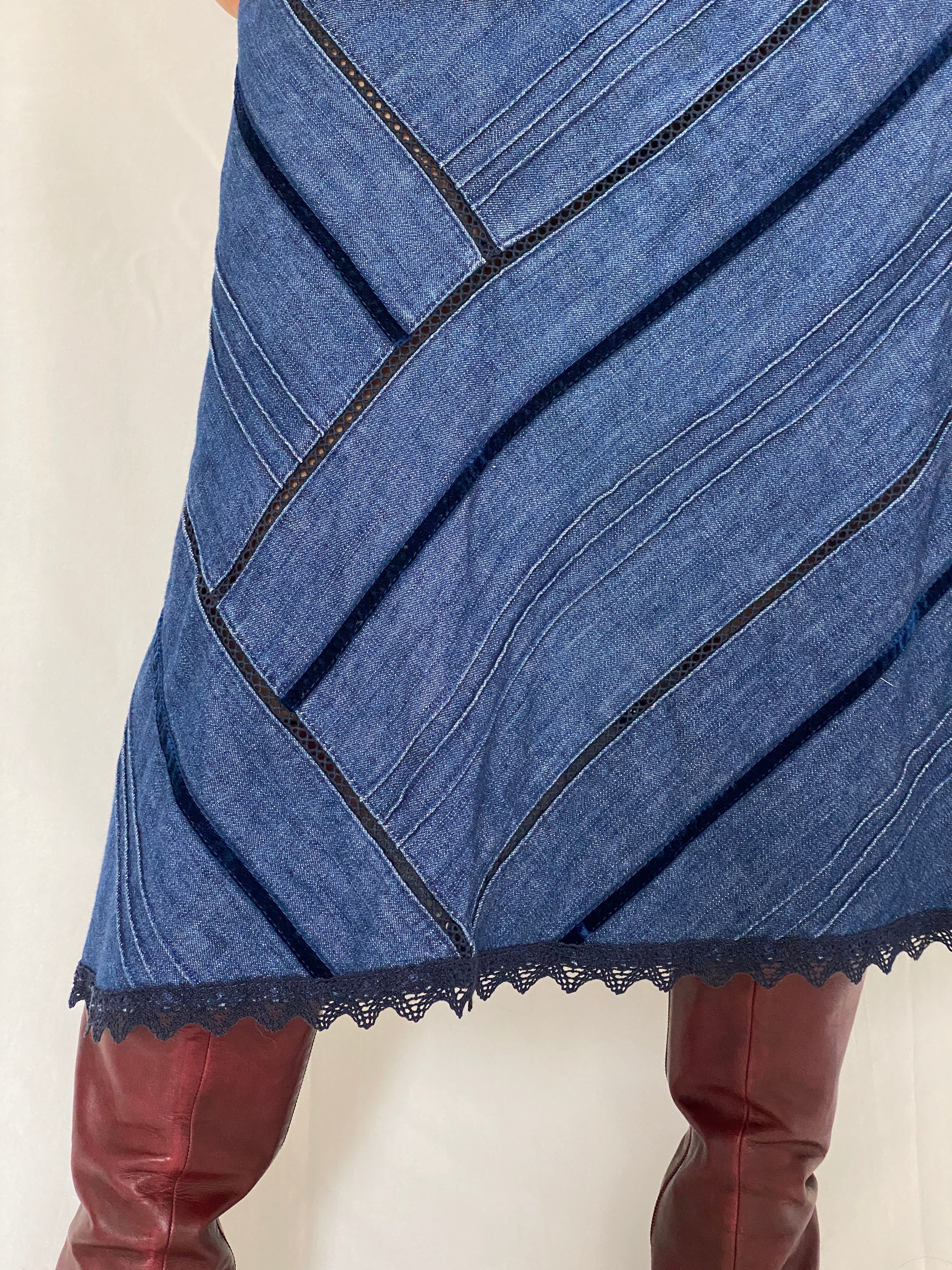 Handmade Patchwork Denim Midi Skirt Y2K Asymmetric Panel Skirt with Lace Trim - XL