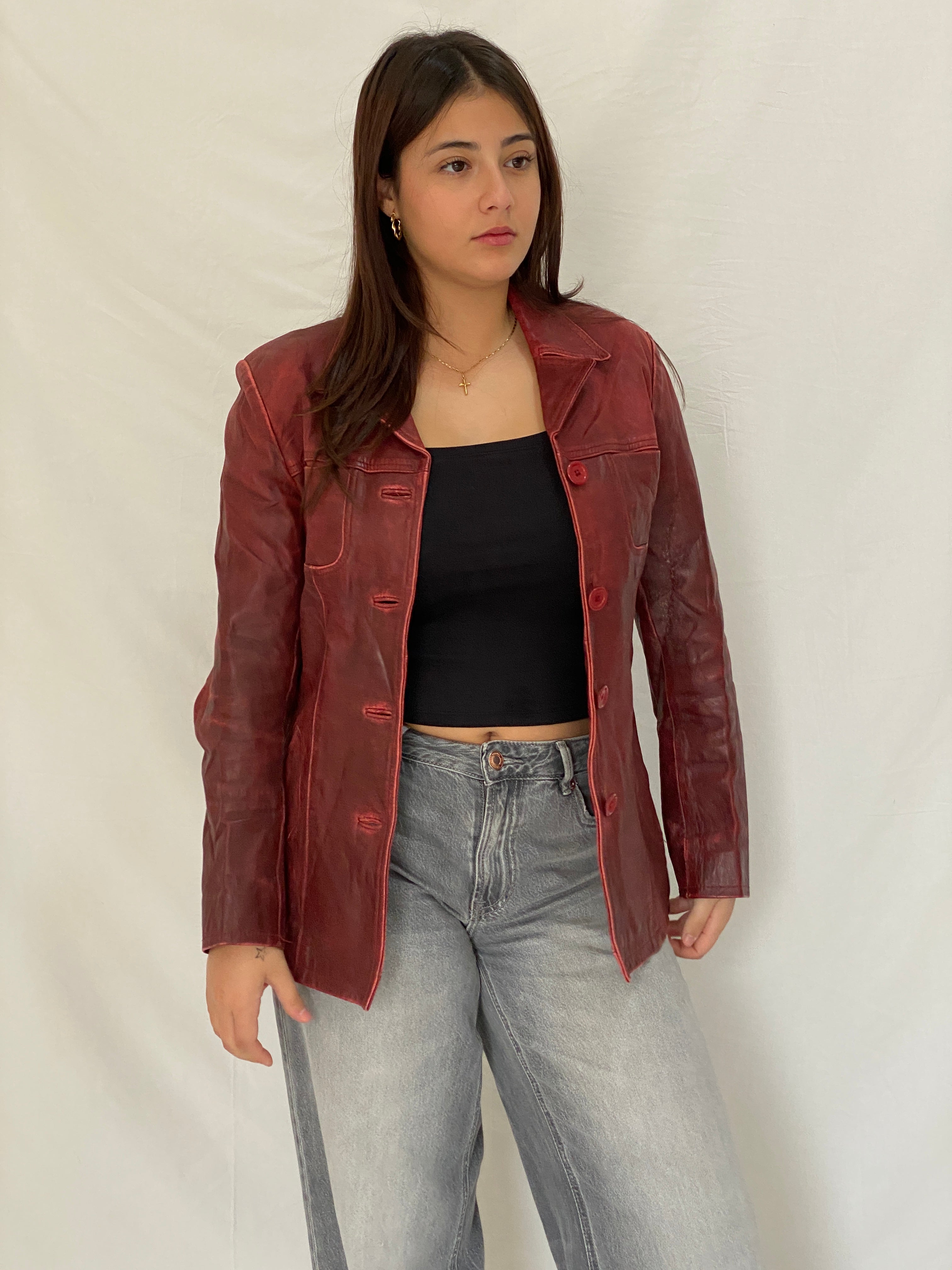 Vintage Arturo Paris Distressed Red Leather Blazer Jacket