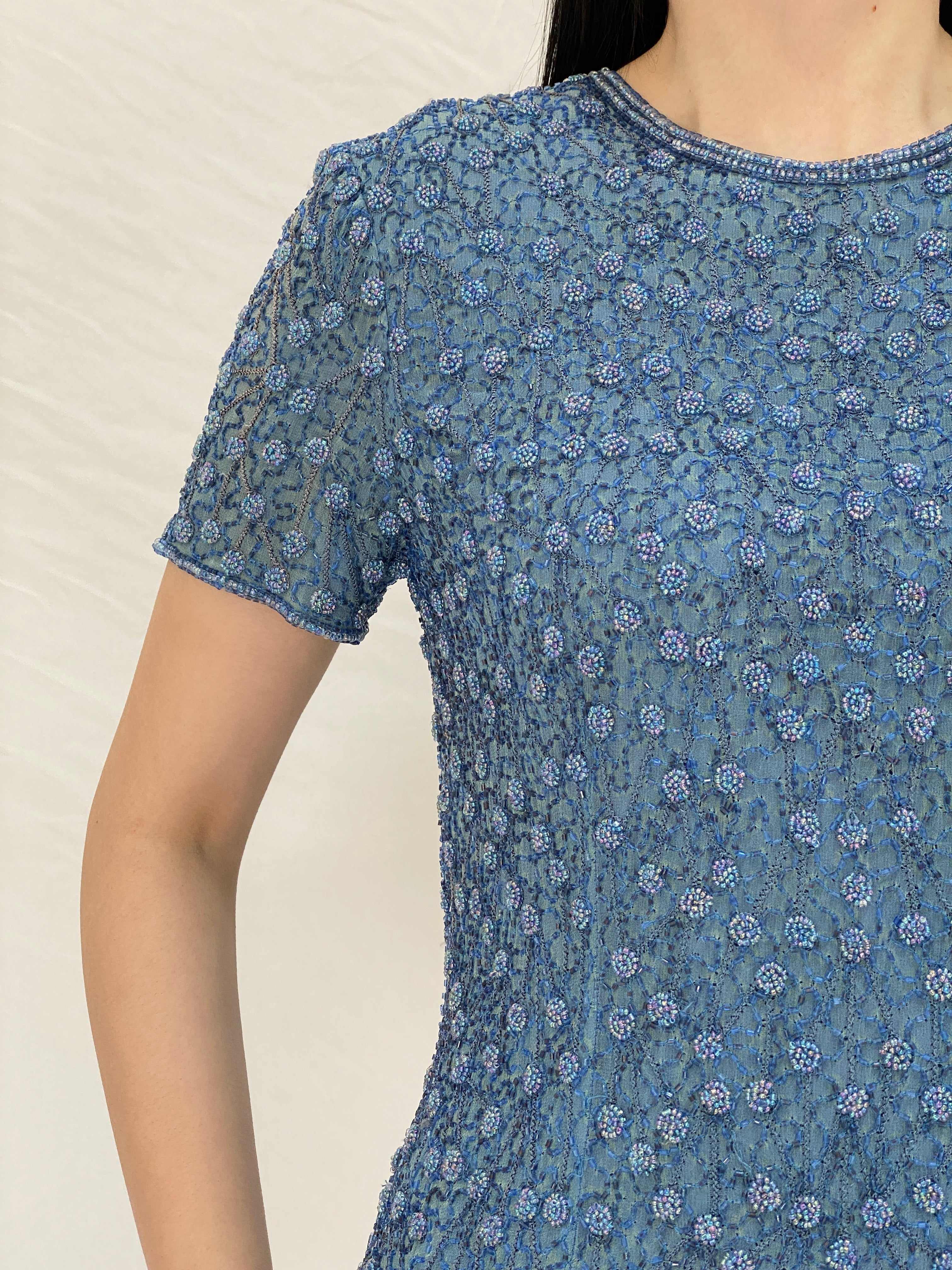 Vintage 90s Adrianna Papell Blue Silk Beaded Evening Top - M