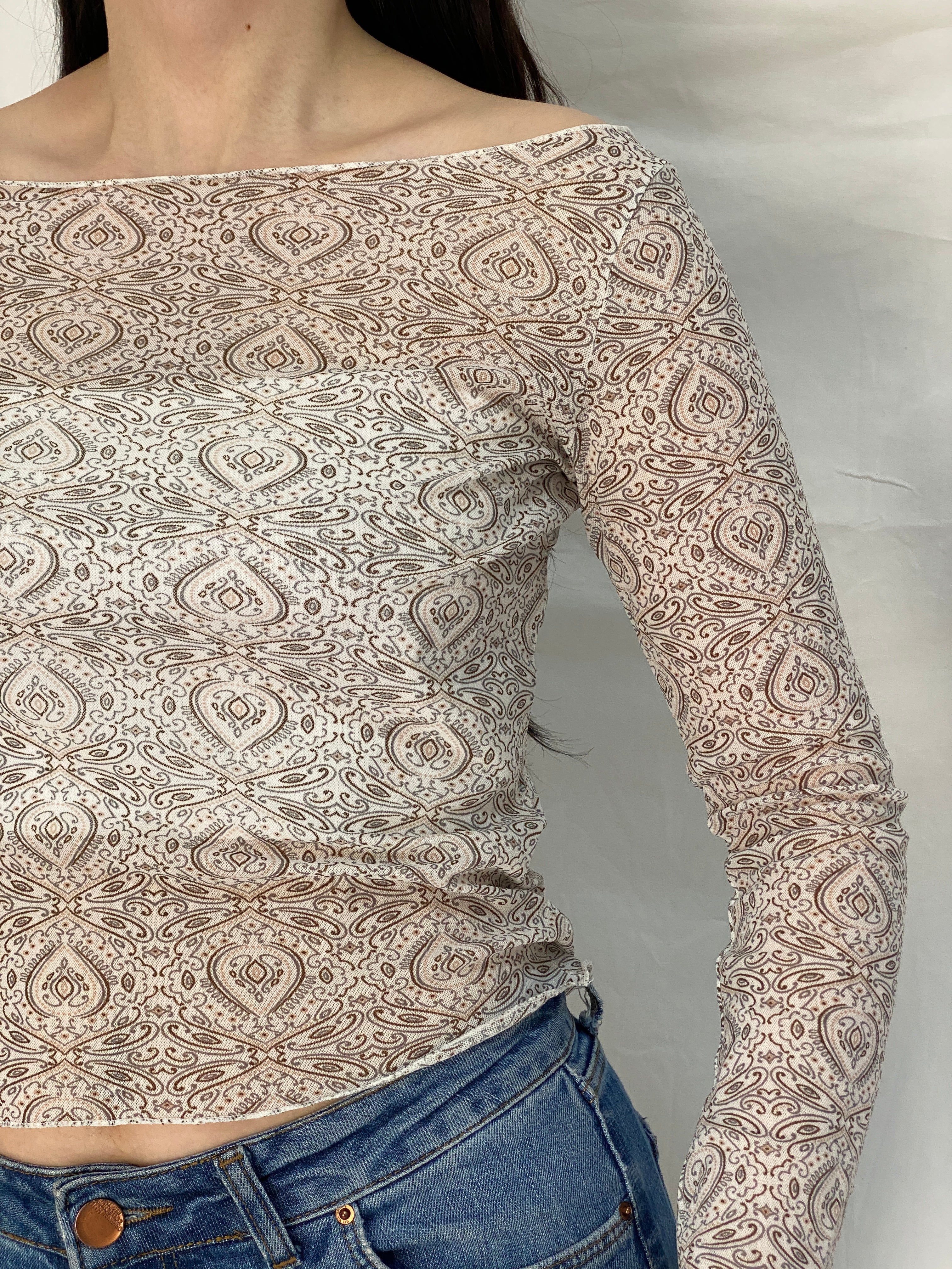 Y2K H&M Sheer Mesh Paisley Beige Brown Fitted Bell Sleeve Top – S