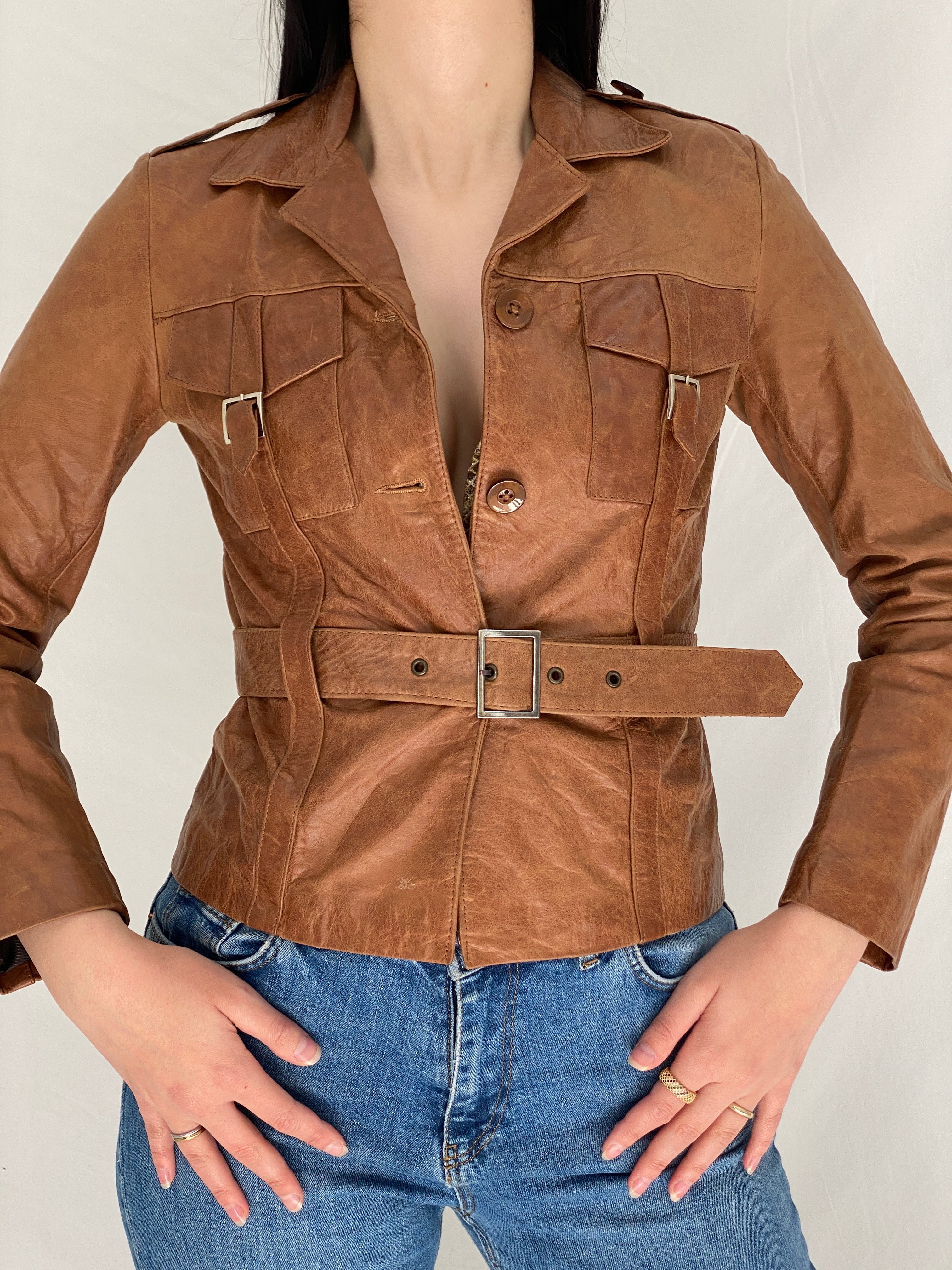 Vintage Y2K Influence Paris Brown Genuine Leather Fitted Belted Jacket - S