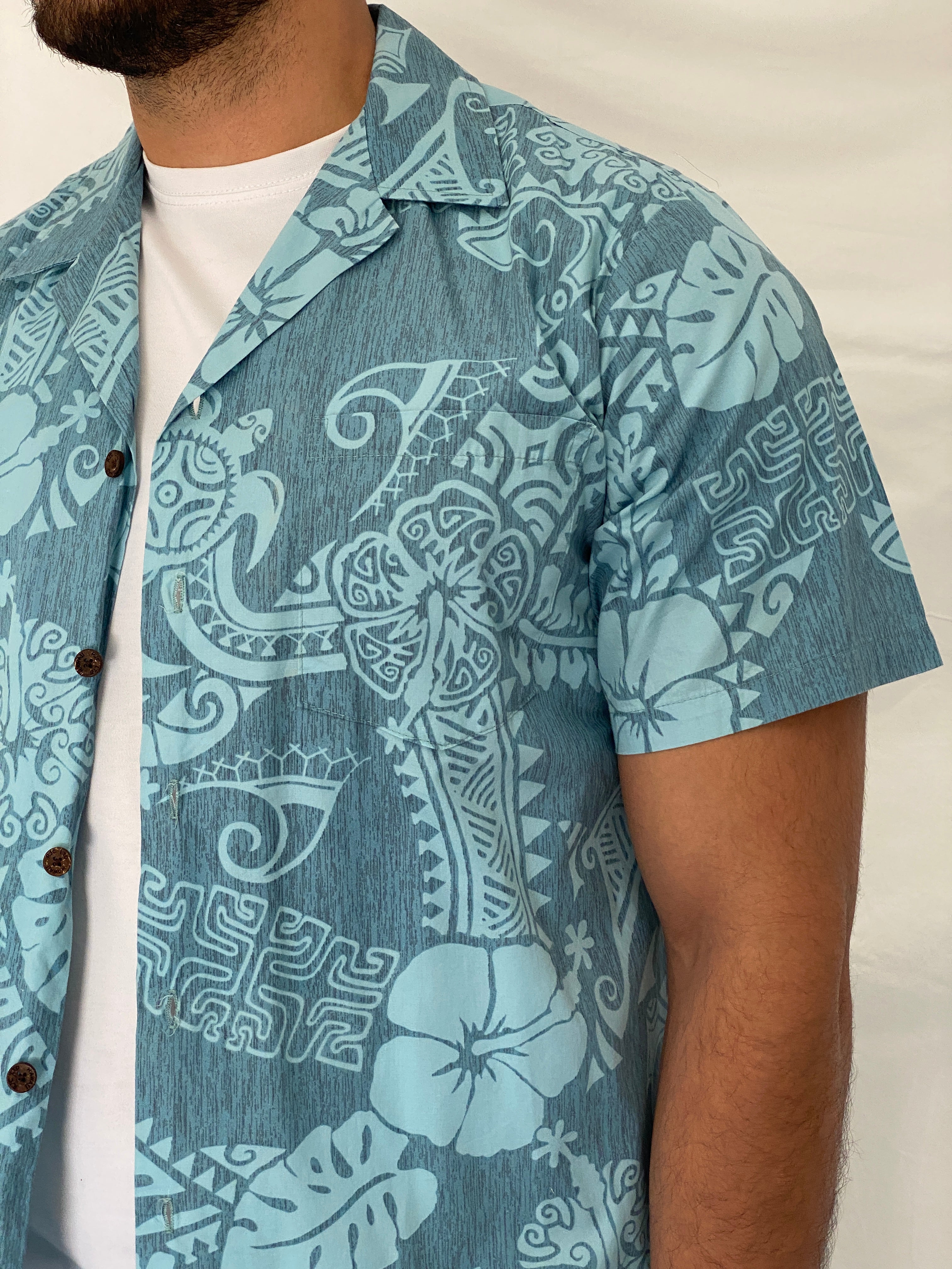 Vintage RJC Hawaiian Blue Cotton Aloha Tropical Tribal Camp Shirt – L