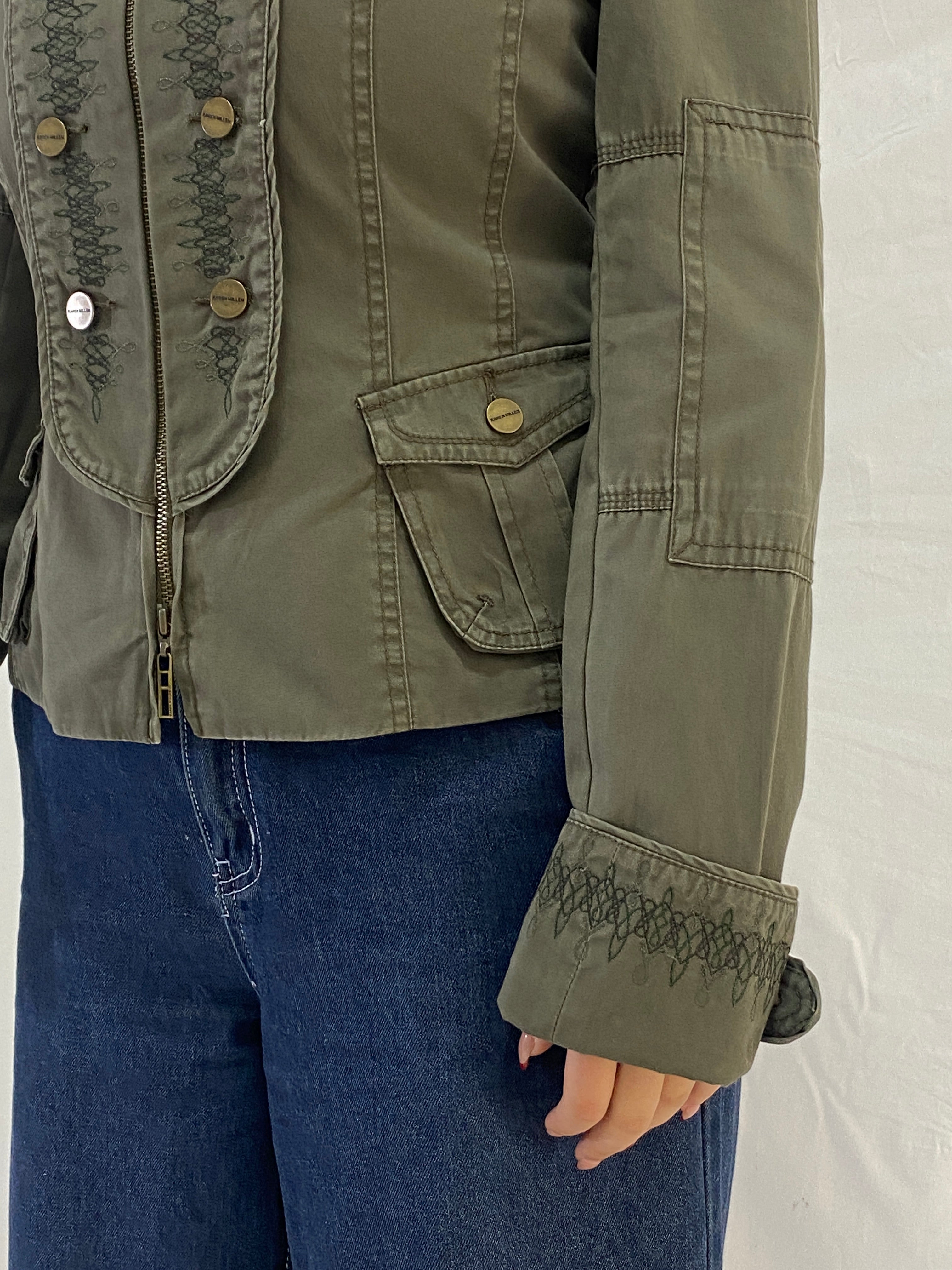 Karen Millen Olive Green Military-Style Embroidered Light Jacket - M