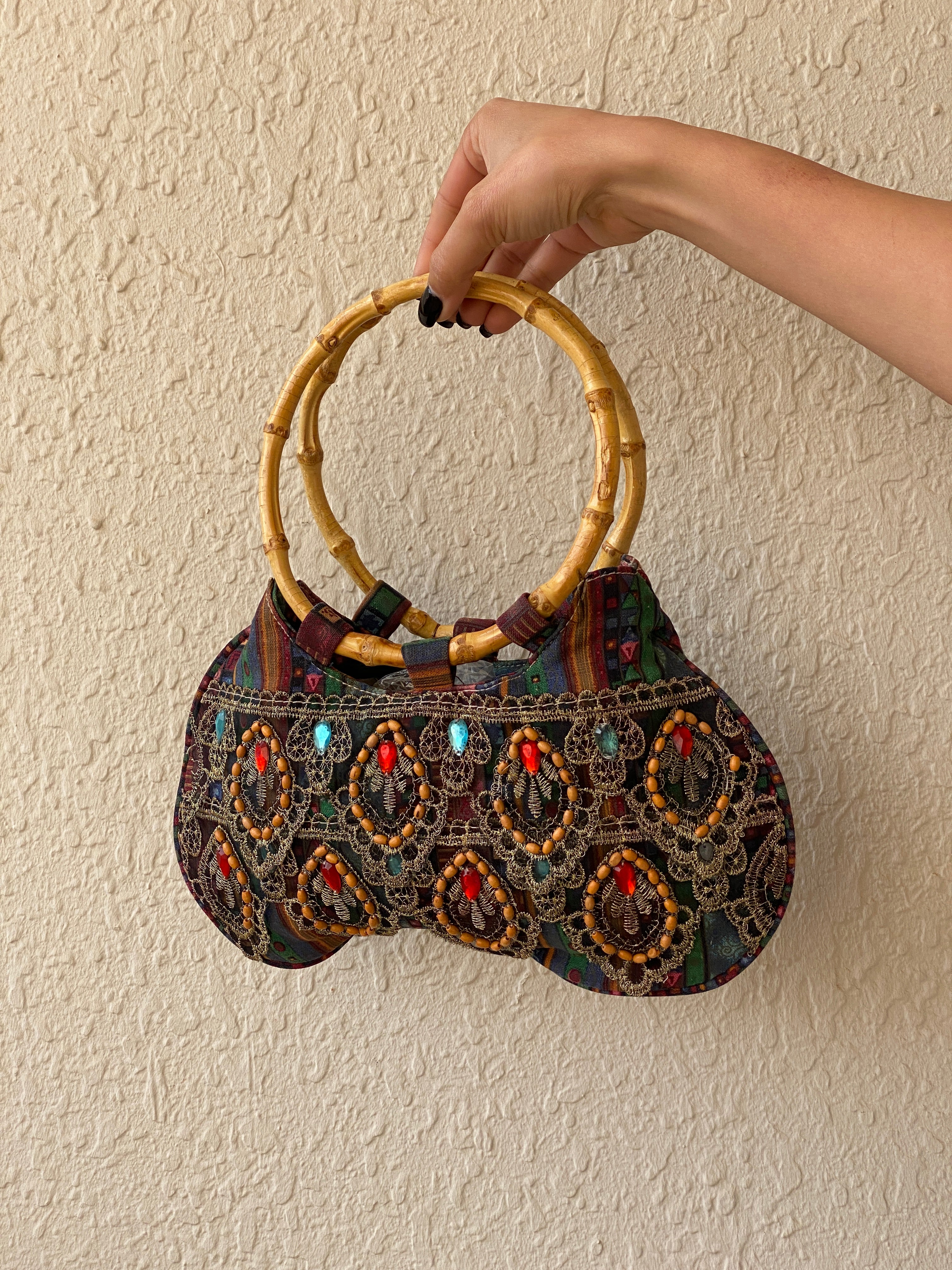 Vintage Boho Embellished Mini Handbag with Bamboo Ring Handles