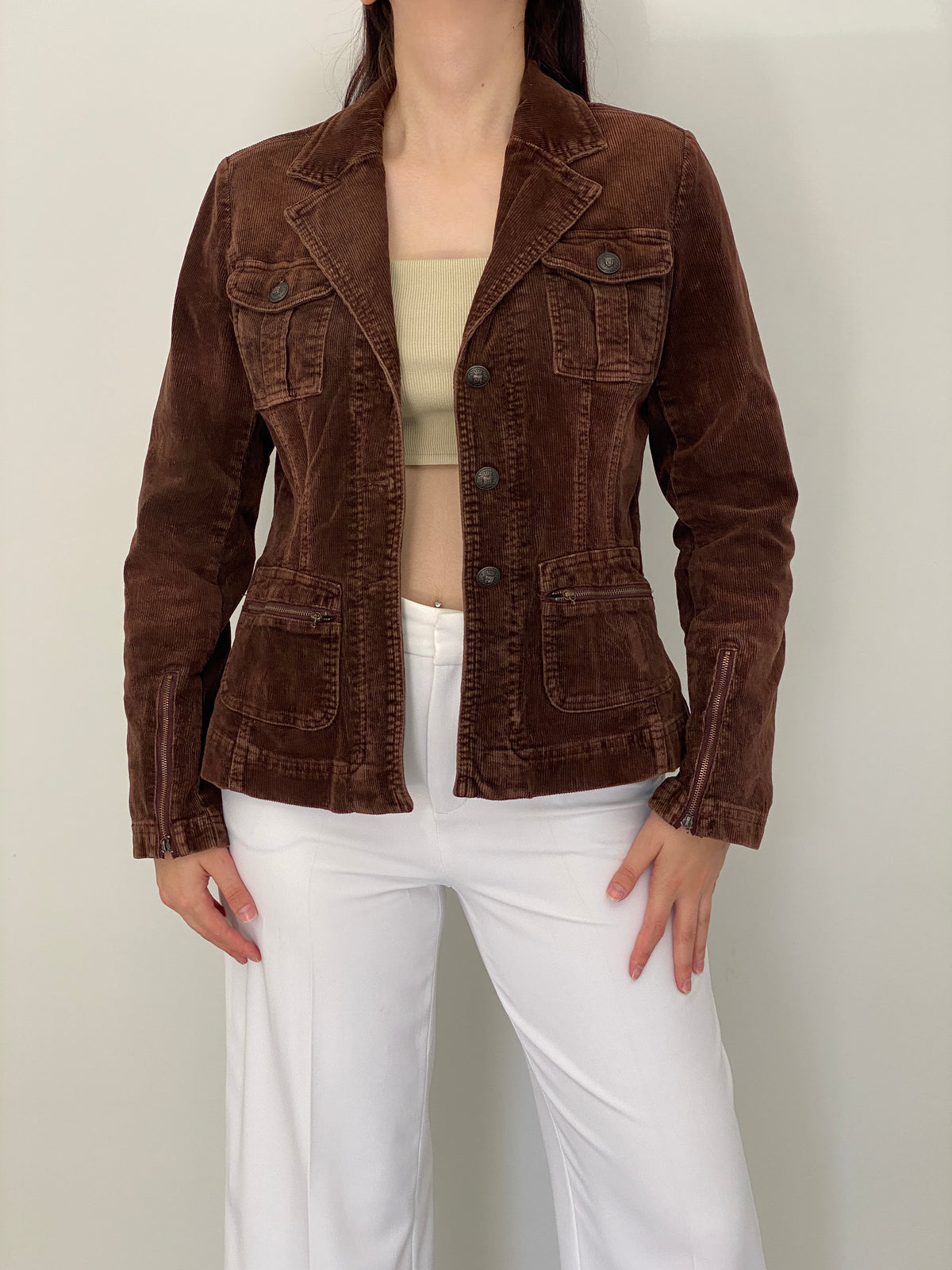 Vintage In Panle de Vous Paris Brown Cotton Corduroy Utility Blazer – M