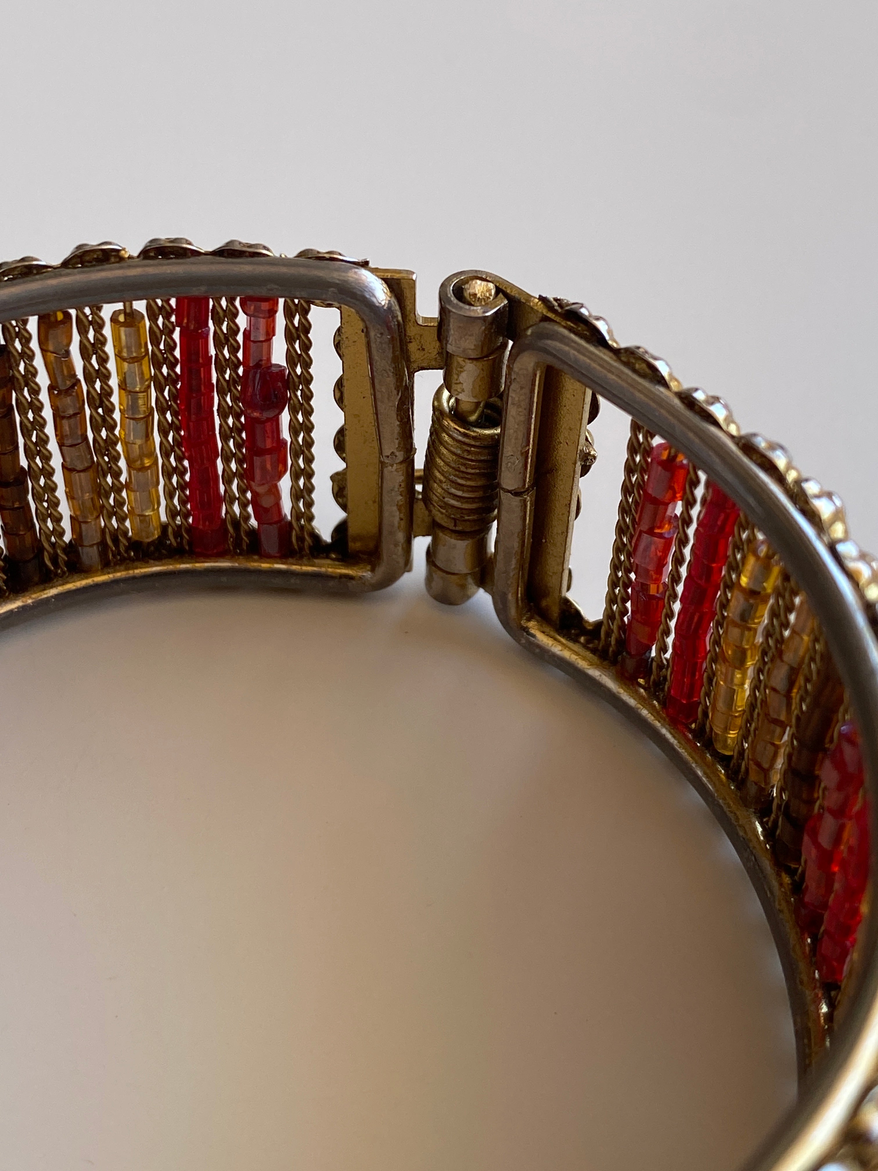 Vintage Gold-Tone Red & Amber Beaded Hinged Cuff Bracelet