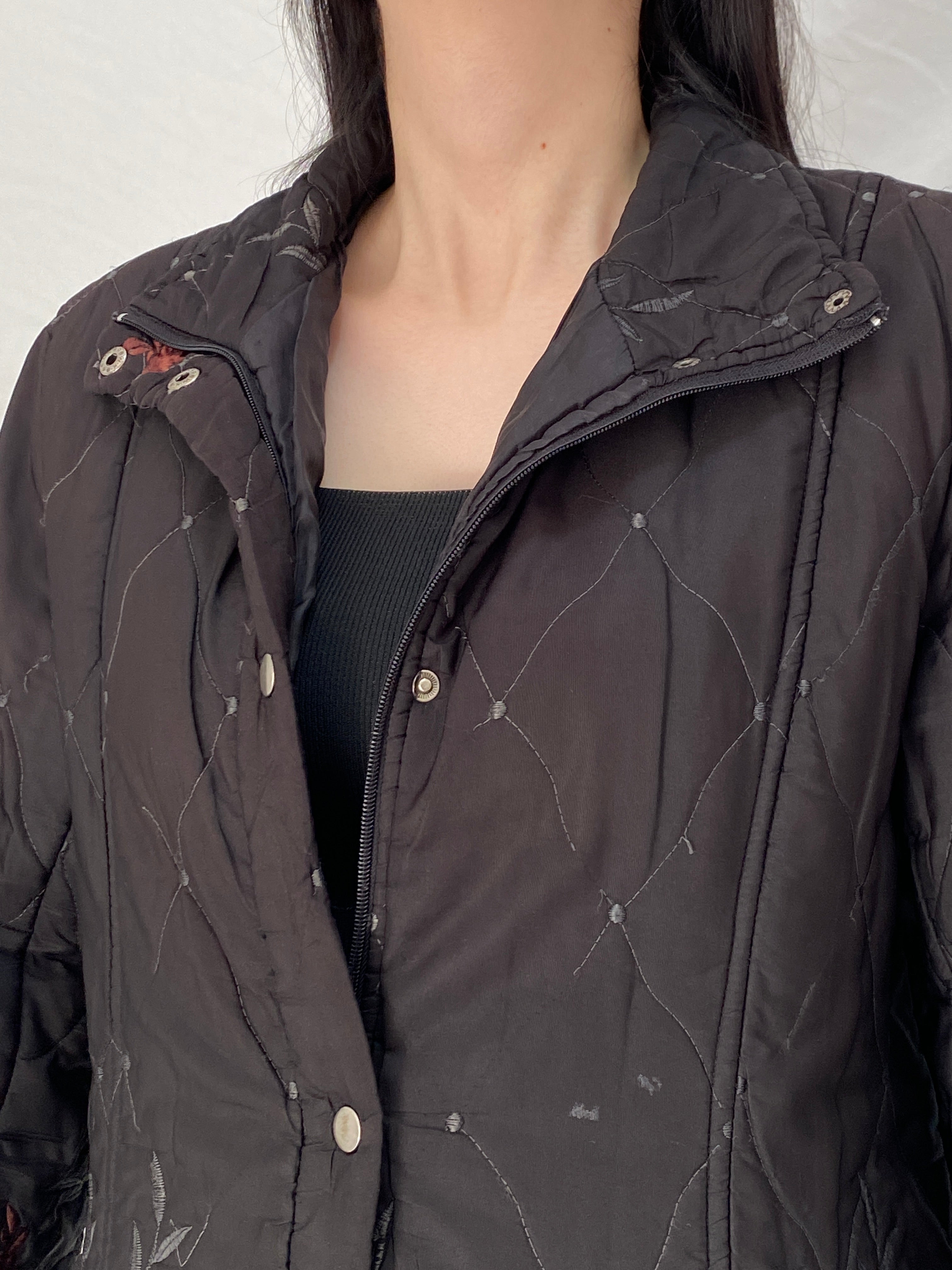Vintage 90s Motuoren Black Quilted Embroidered Floral Lightweight Padded Jacket Coat - M