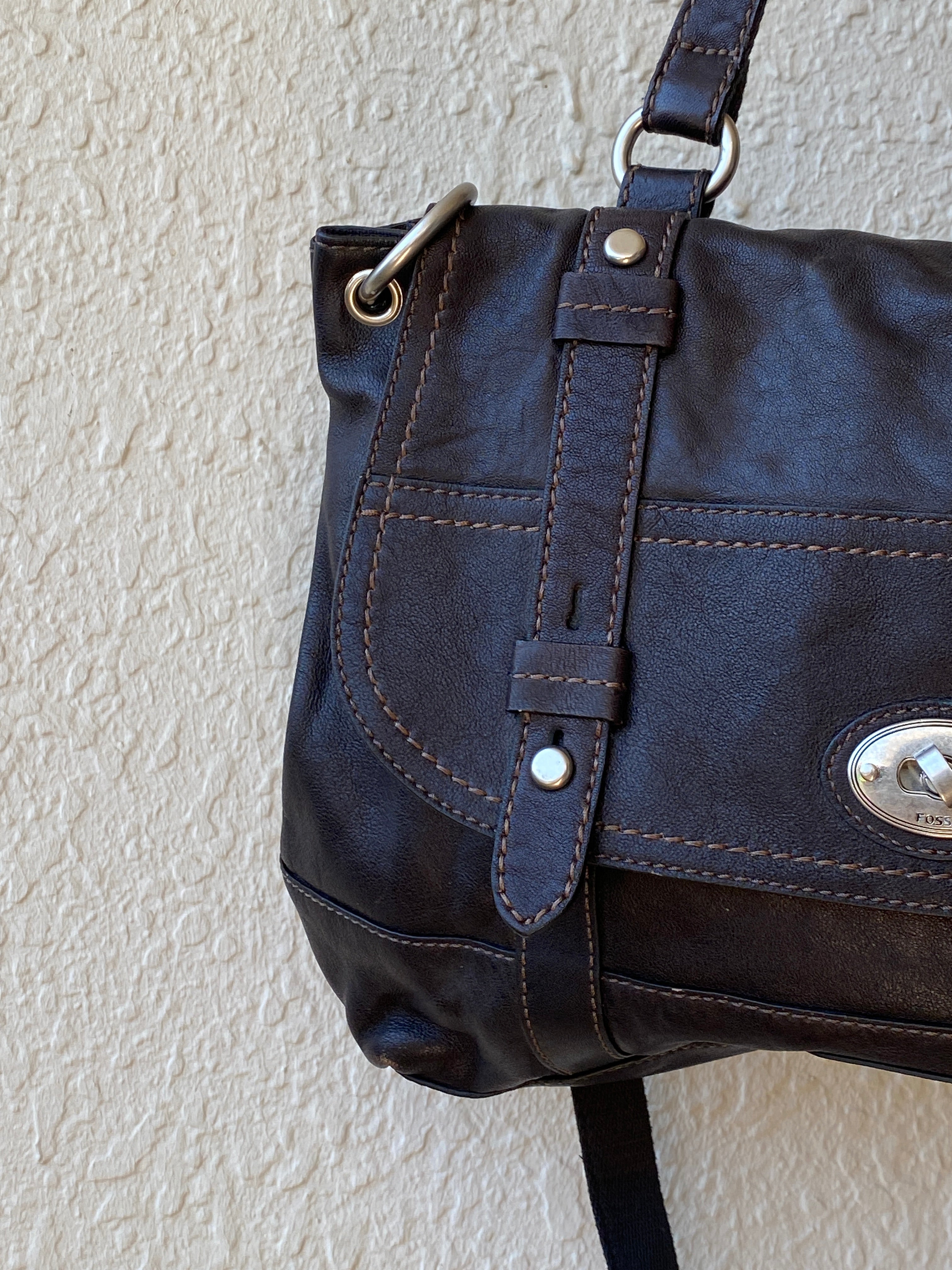 Vintage Y2K Fossil Long Live Vintage Black Distressed Leather Convertible Satchel Crossbody Bag