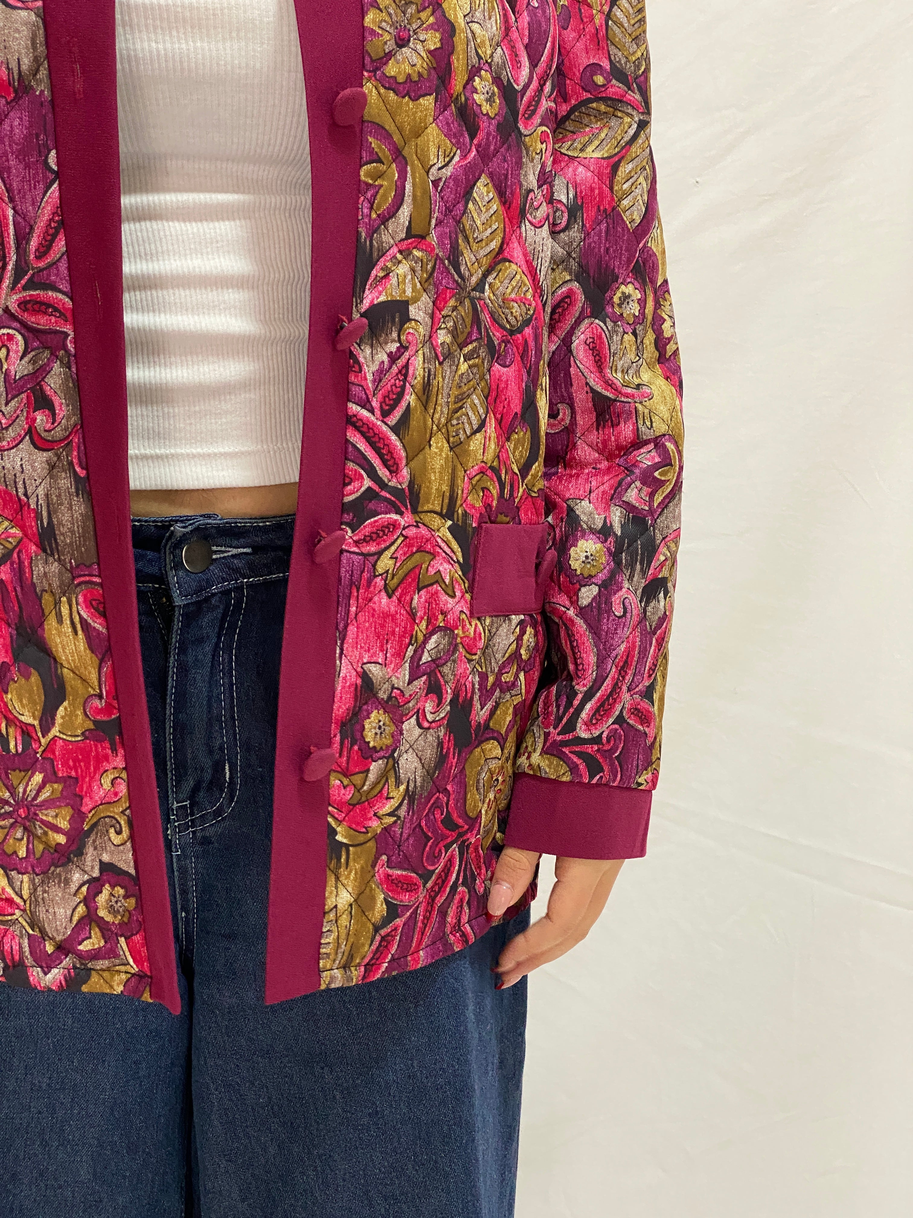 Vintage Quilted Floral Jacket Burgundy & Pink Paisley Button-Up Jacket - XL