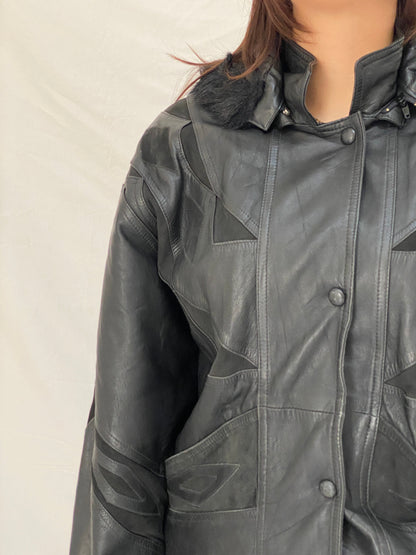 Vintage Black Leather Hooded Jacket with Suede Panels & Faux Fur Trim 90s Italian Style Bomber - L
