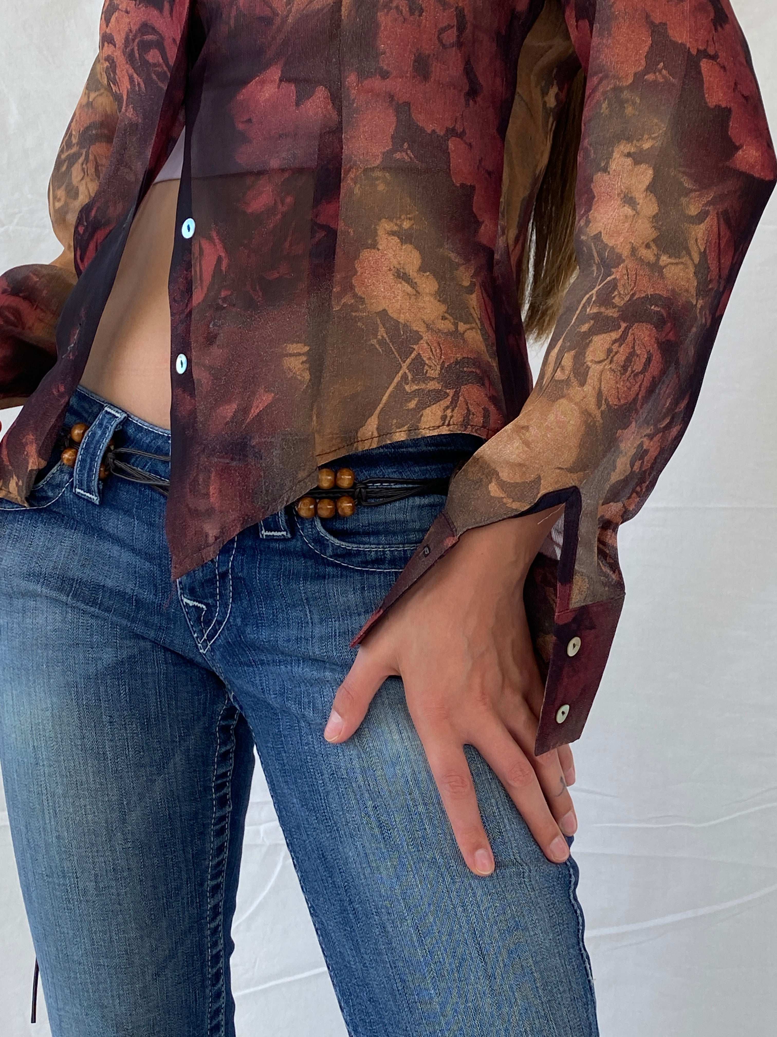 Vintage 90s LA CITY Paris Sheer Maroon Floral Shirt - M