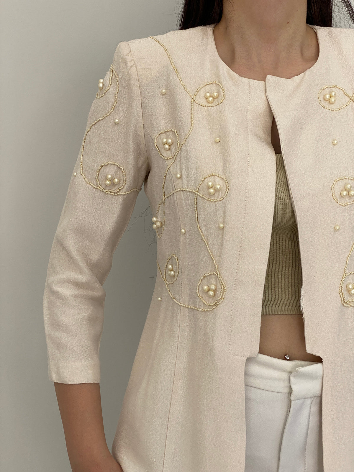 Vintage 90s Leslie Fay Petite Ivory Pearl Beaded Embroidered Blazer – M