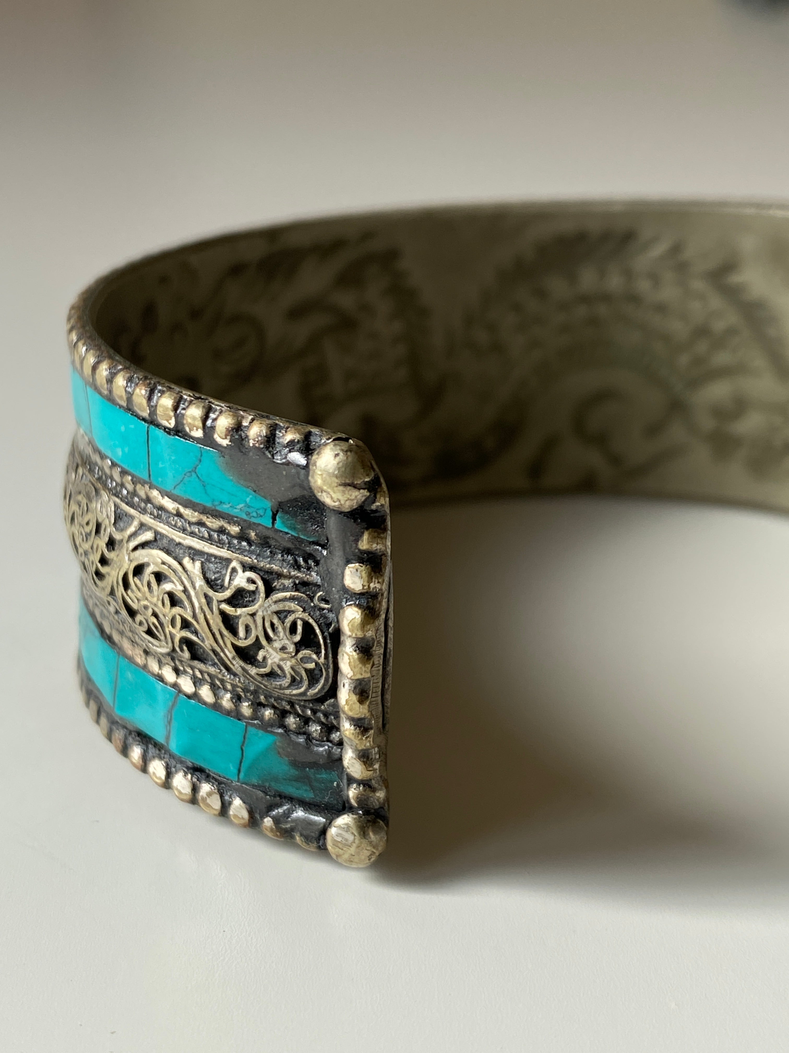 Vintage Tibetan Turquoise Om Cuff Silver Tone Dragon Engraved Bracelet
