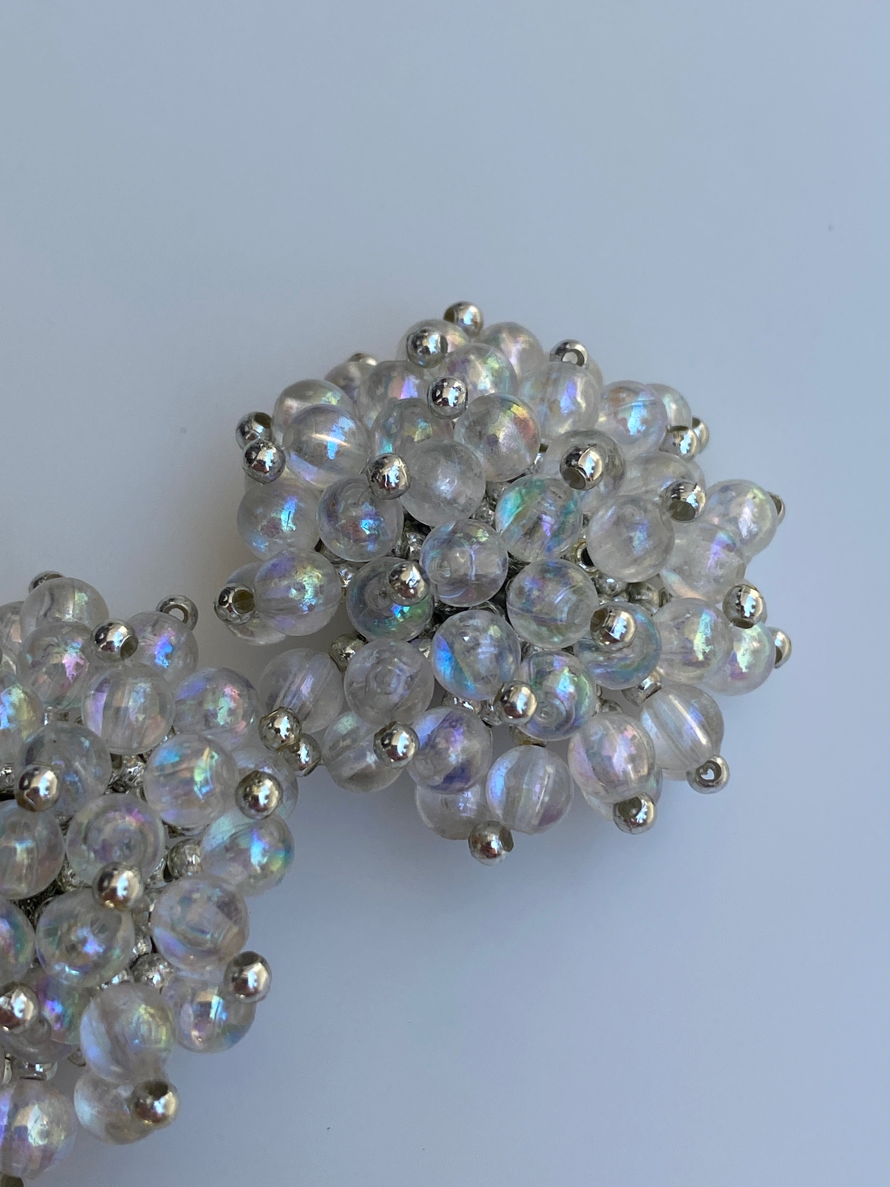 Vintage 1980s Iridescent Beaded Cluster Clip-On Silver Tone Earrings