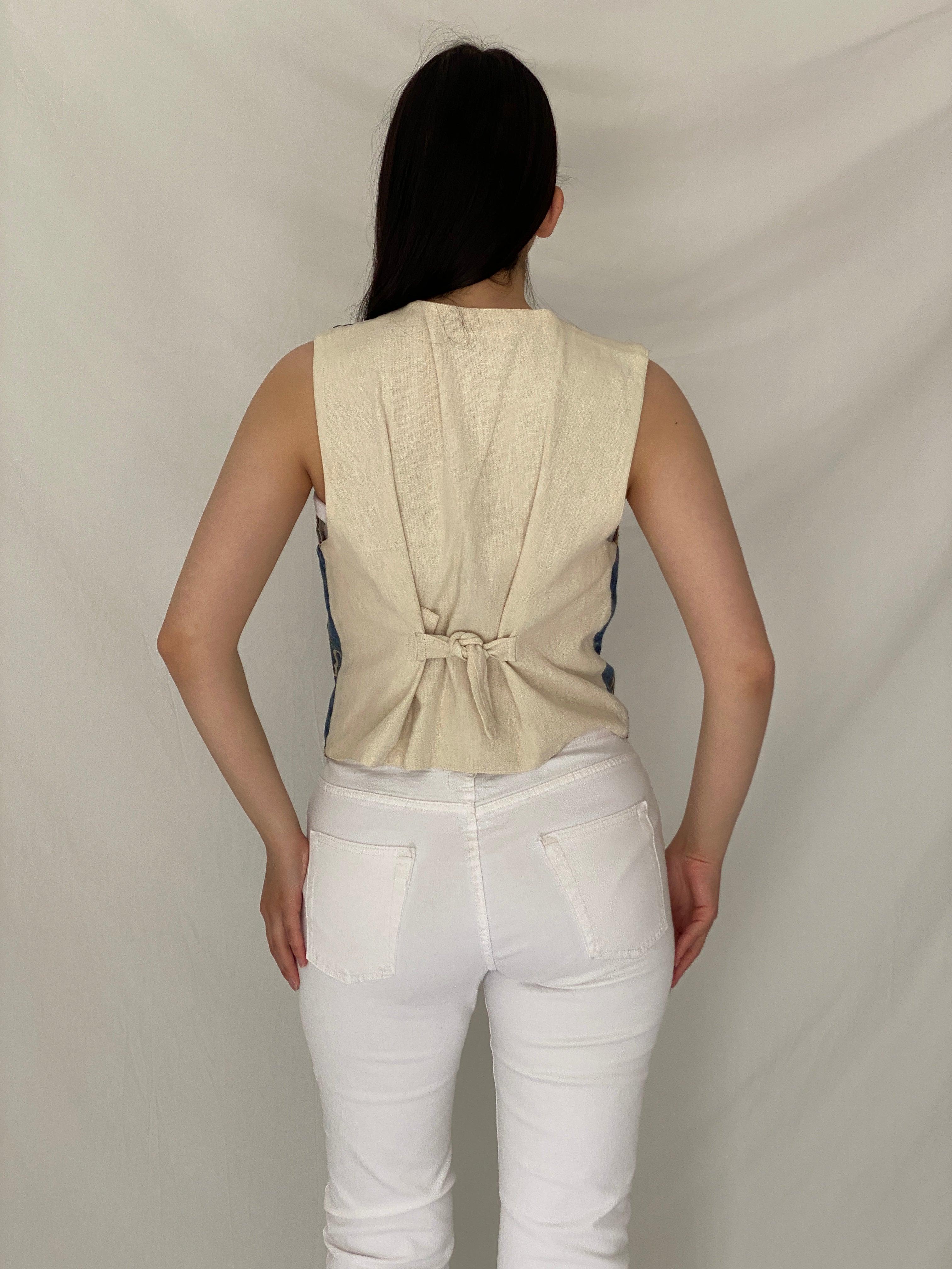 Vintage Agapo Embroidered Denim Vest Blue Cotton Boho Tie Back Waistcoat - M