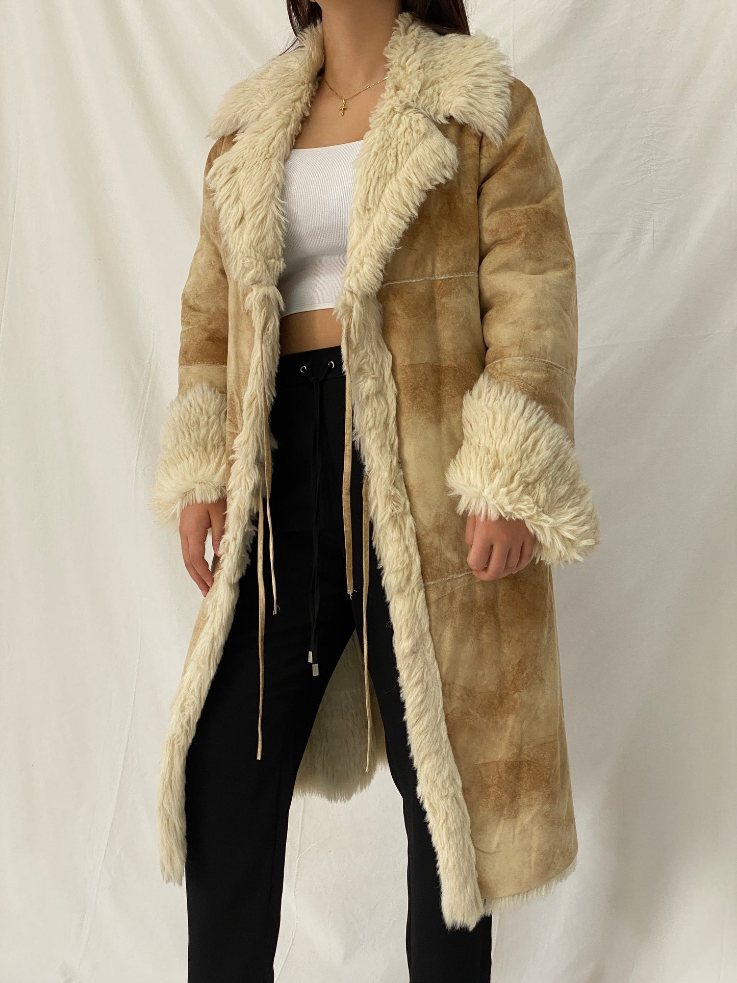 FREEHORN by Conbipel Faux Fur Lined Italian Genuine Leather Penny Lane Coat 70s Boho Jacket - XL